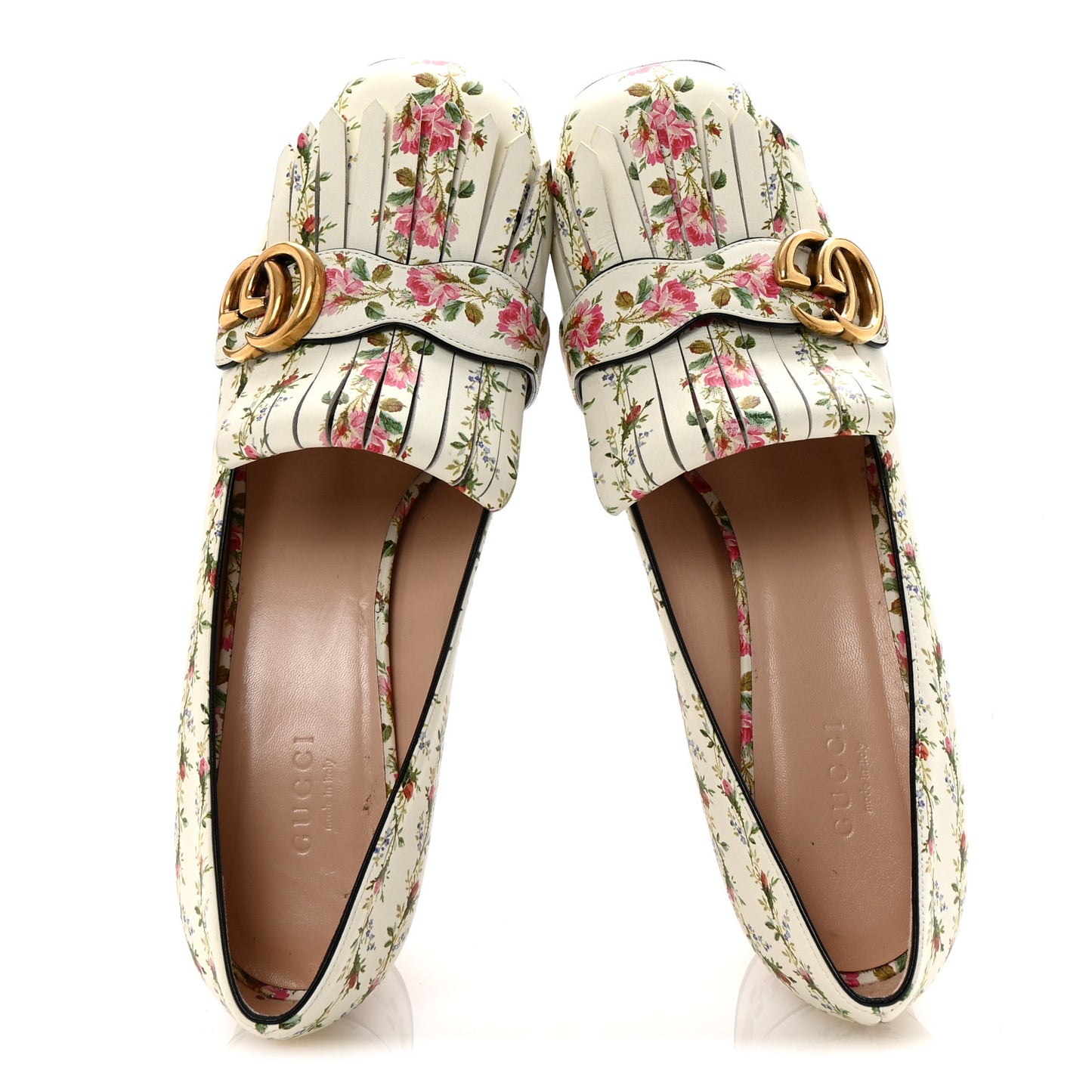 Calfskin Rose Print GG Marmont Fringe 50mm Loafer Pumps 39.5 Ivory Multicolor