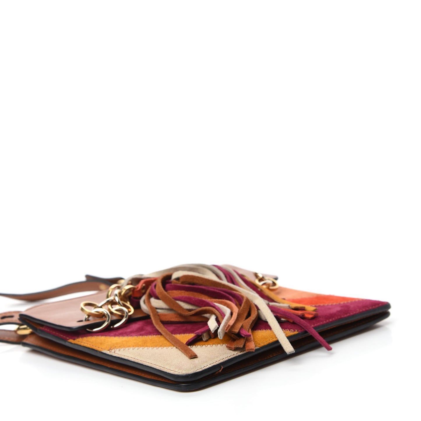 Calfskin Suede Rainbow Patchwork Small Jane Fringe Bag Caramel