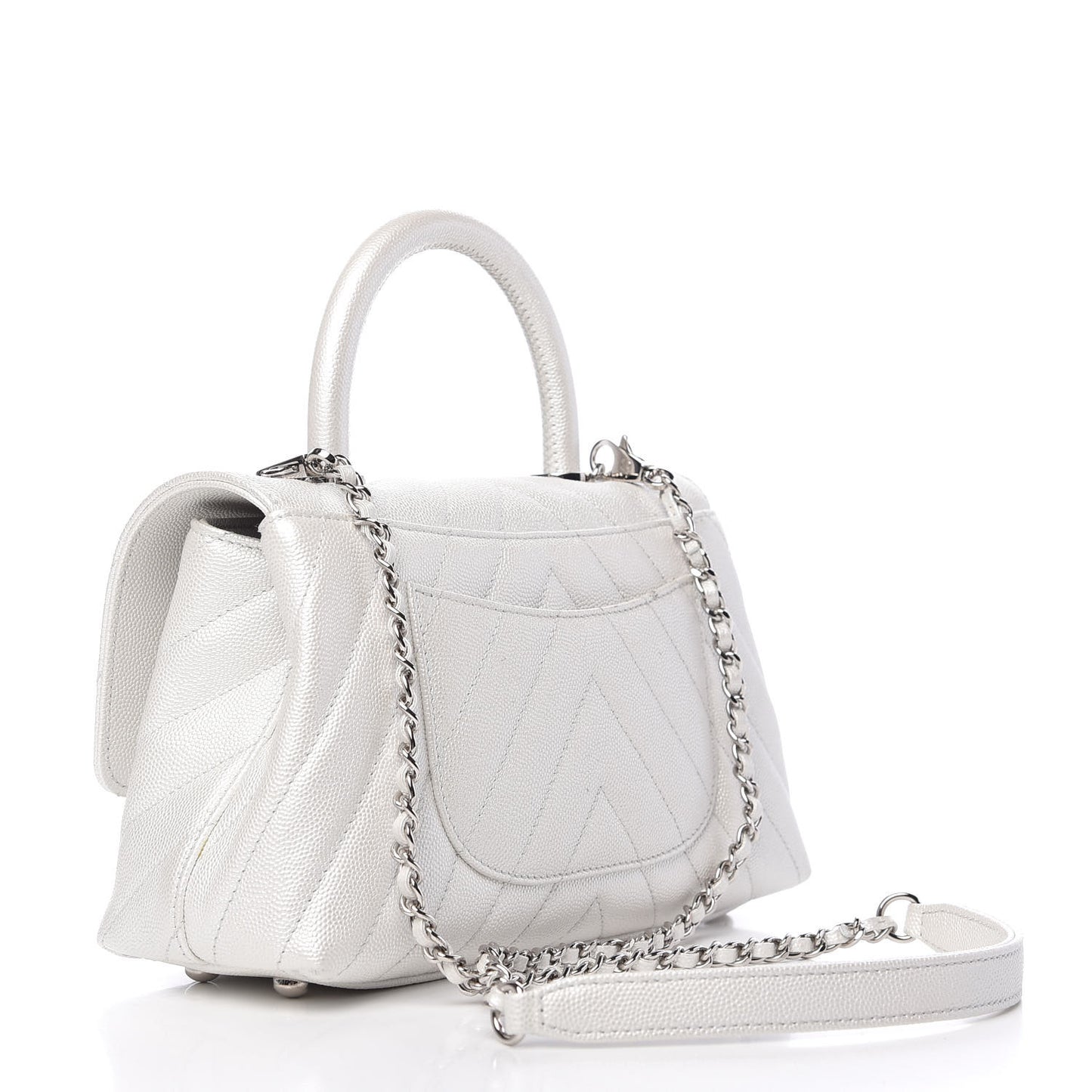 Iridescent Caviar Chevron Quilted Mini Coco Handle Flap White