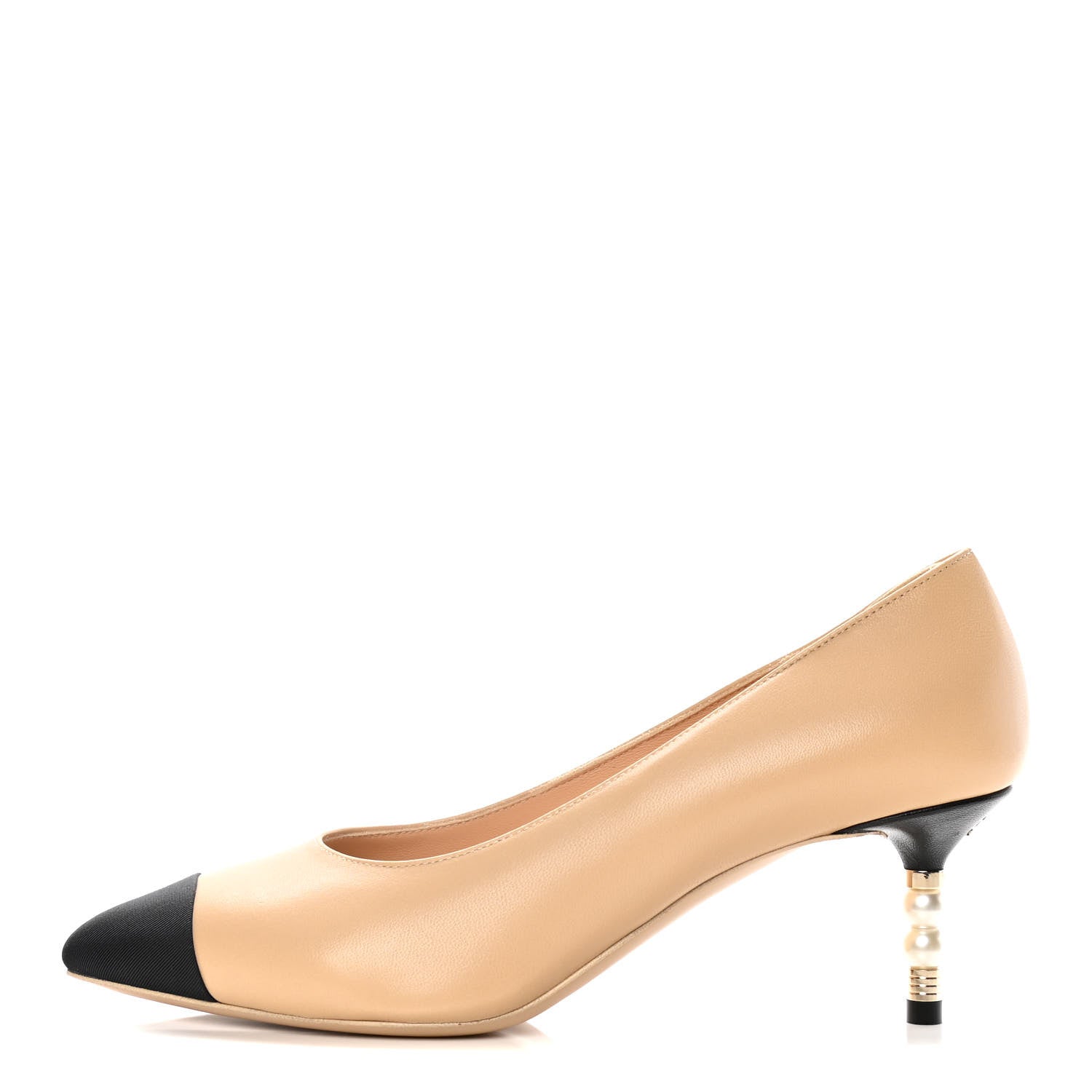 Chanel Lambskin Grosgrain Cap Toe CC Pearl Pumps 36.5 Beige Black 1 of 9