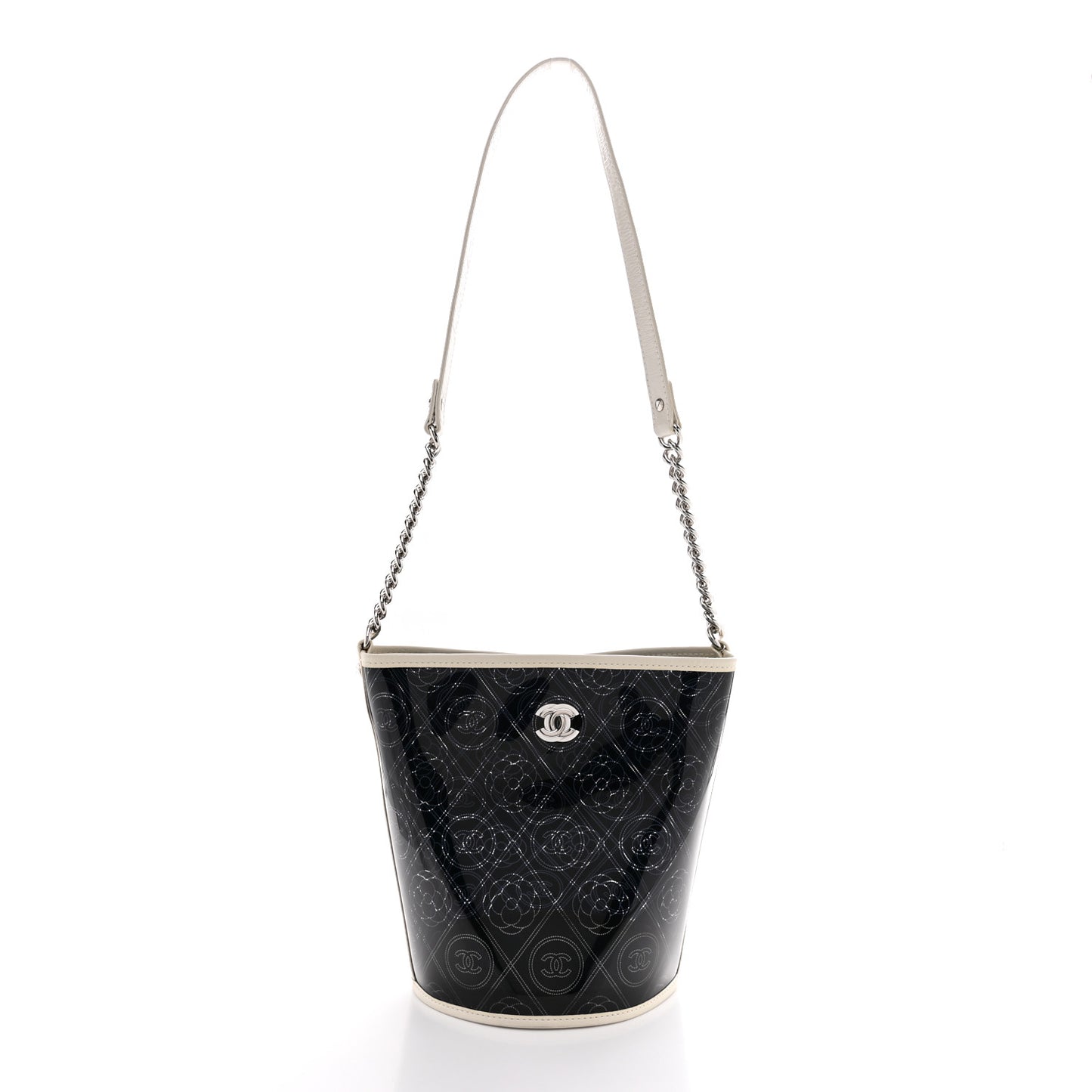 Crumpled Calfskin PVC Camellia Coco Bucket Bag Black White