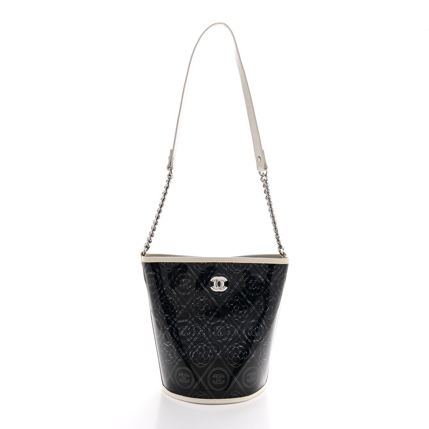 Chanel Crumpled Calfskin PVC Camellia Coco Bucket Bag Black White 1 of 10