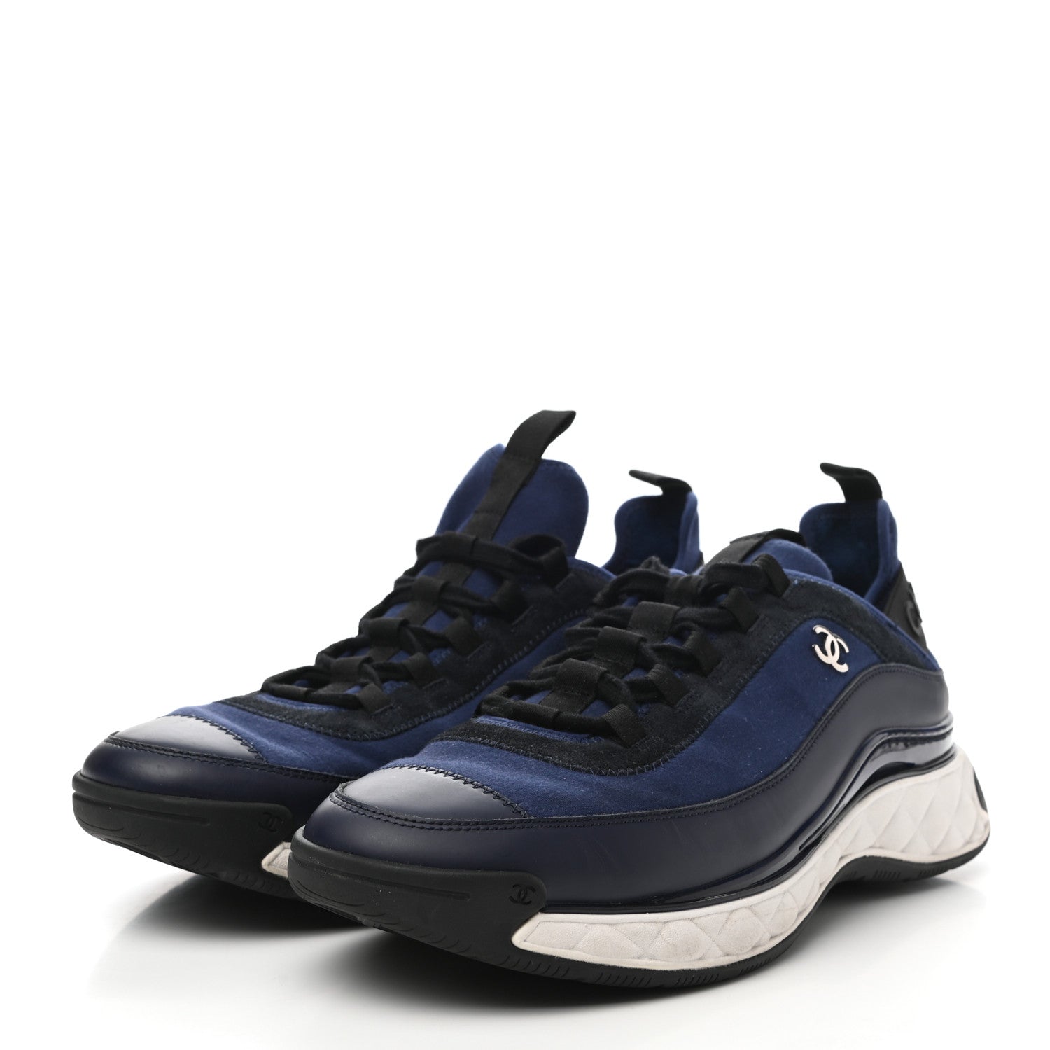 Chanel Velvet Calfskin Mixed Fibers Mens CC Sneakers 45 Blue Black 3 of 9