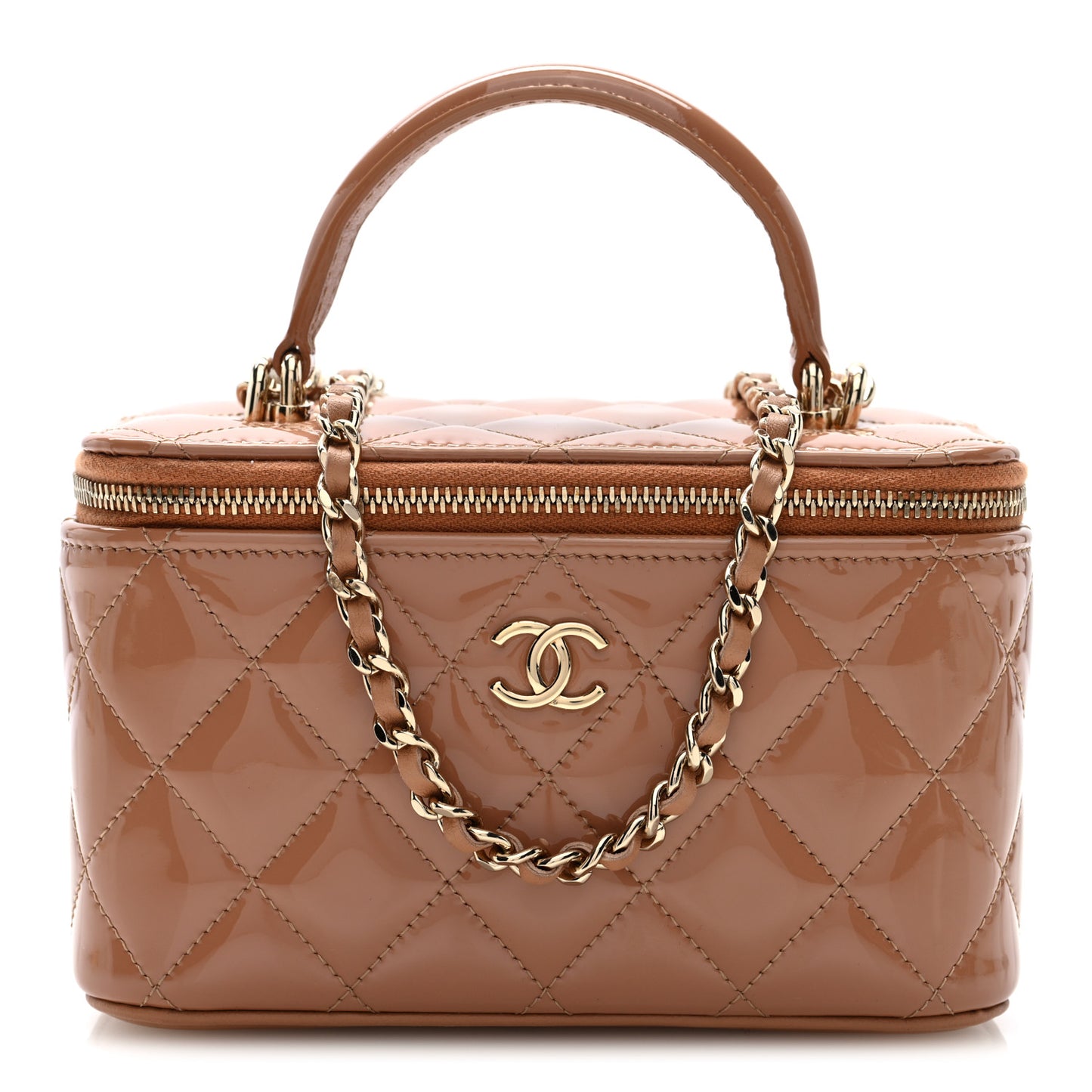 Patent Quilted Quilted Small Top Handle Vanity Case With Chain Dark Beige