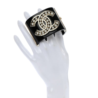 Chanel Resin Baguette Crystal Pearl CC Cuff Black 2 of 6