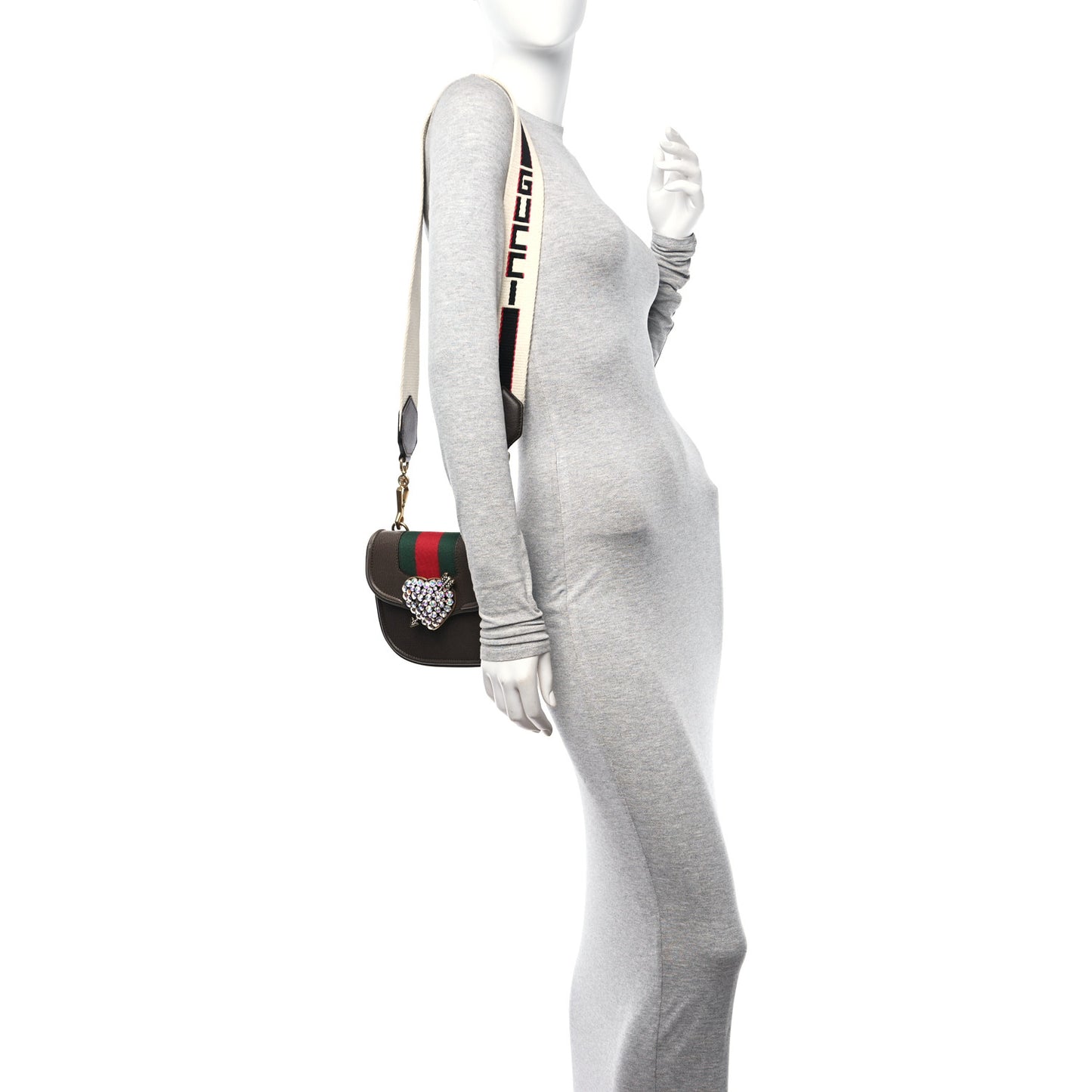 Textured Calfskin Web Crystal Heart Stripe Small Totem Shoulder Bag New Acero