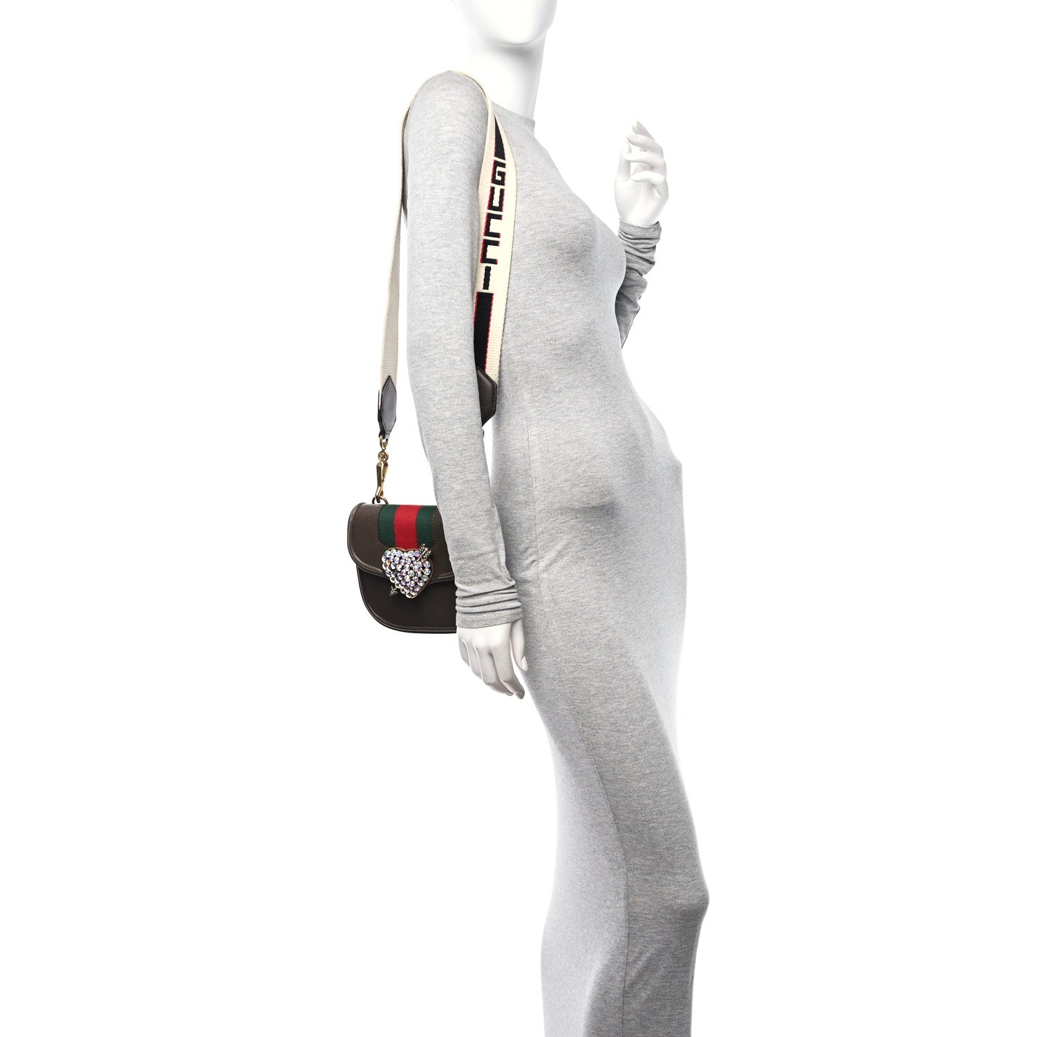 Gucci Textured Calfskin Web Crystal Heart Stripe Small Totem Shoulder Bag New Acero 2 of 10