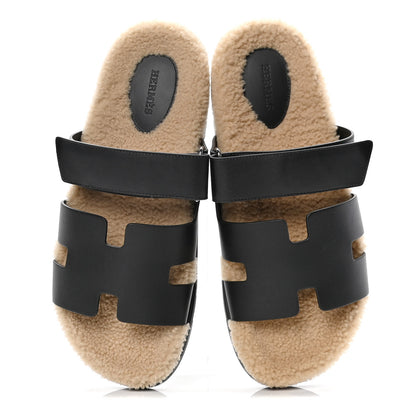 Hermes Calfskin Woolskin Mens Chypre Sandals 42 Black Ecru 5 of 9