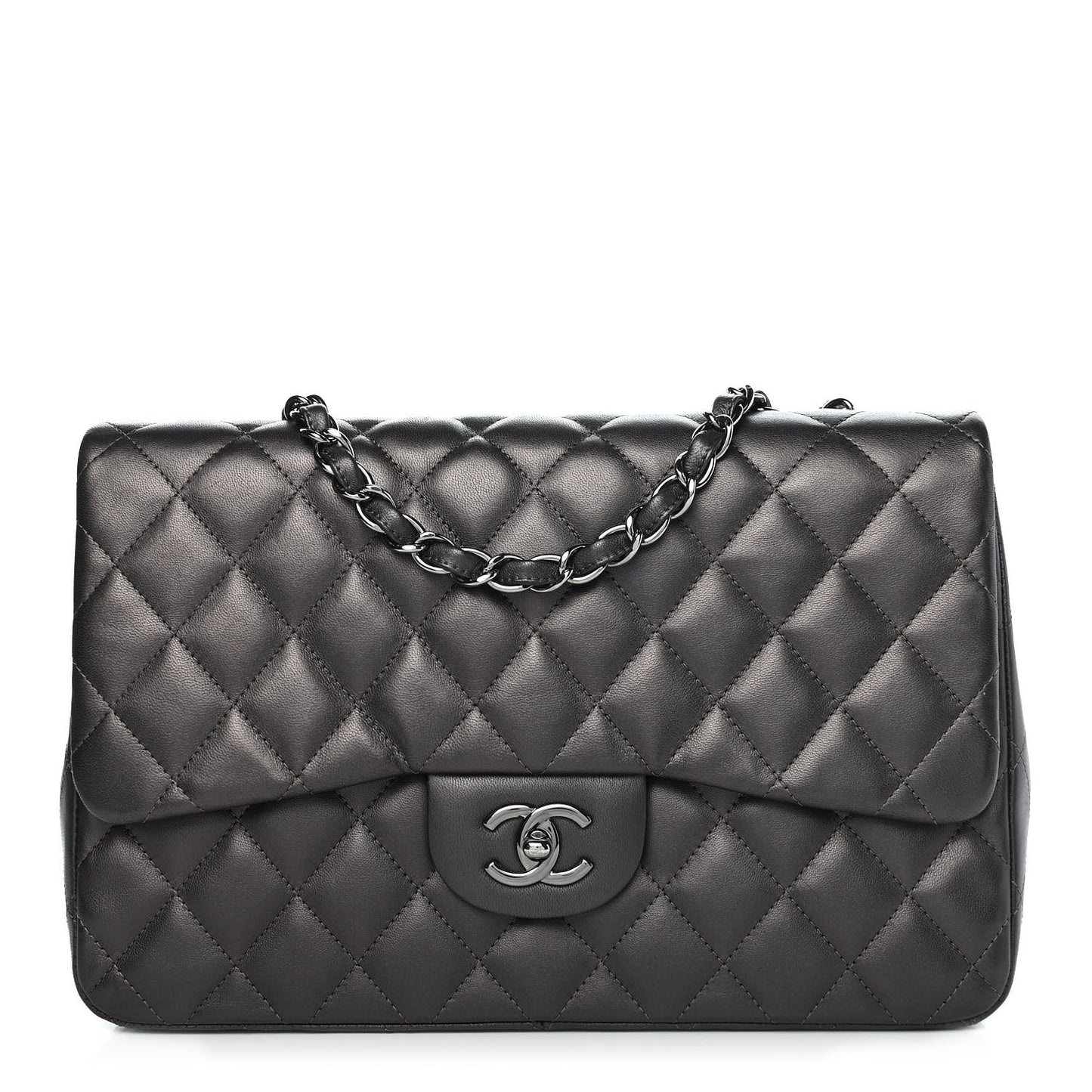 Metallic Lambskin Quilted Jumbo Single Flap Dark Grey
