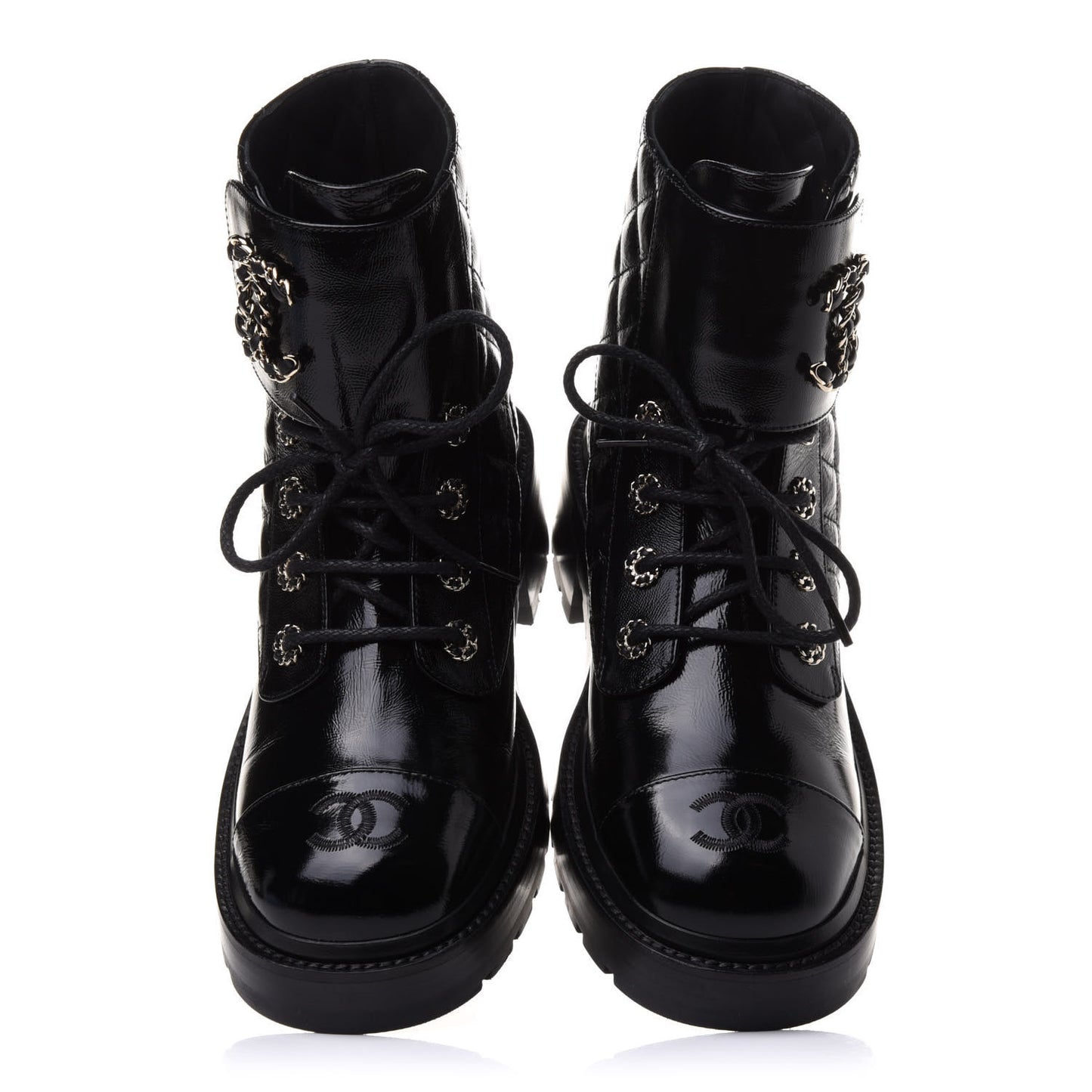 Shiny Calfskin Quilted Lace Up Combat Boots 39 Black