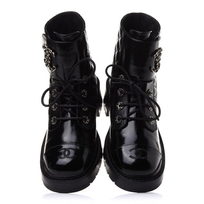 Chanel Shiny Calfskin Quilted Lace Up Combat Boots 39 Black 5 of 9