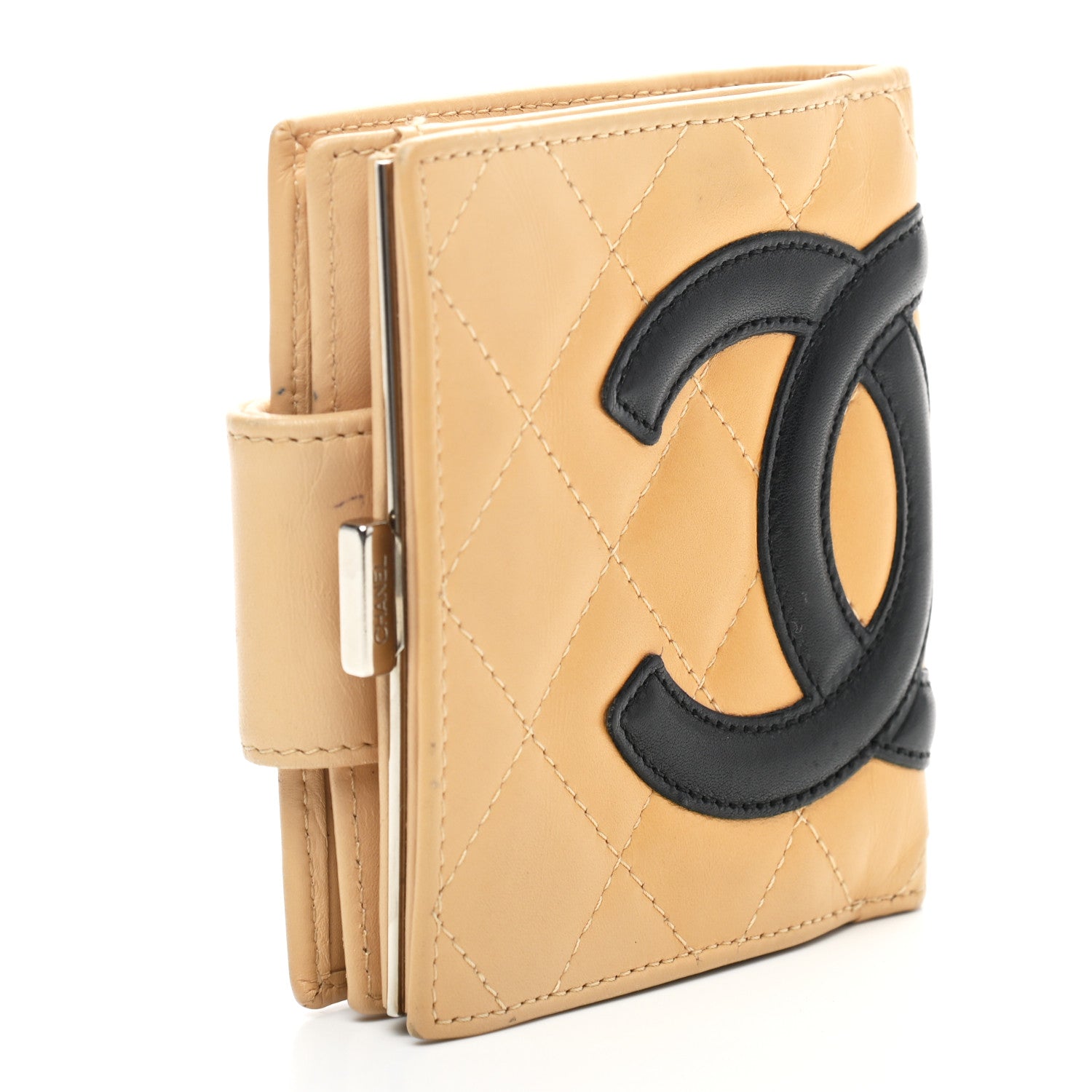 Chanel Calfskin Quilted Cambon Bi-Fold Wallet Beige Black 3 of 9