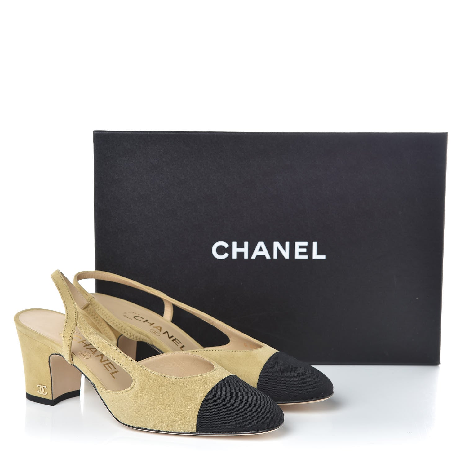 Chanel Kid Suede Grosgrain Cap Toe CC Slingback Sandals 36.5 Beige Black 8 of 8