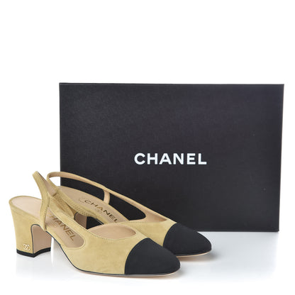 Chanel Kid Suede Grosgrain Cap Toe CC Slingback Sandals 36.5 Beige Black 8 of 8