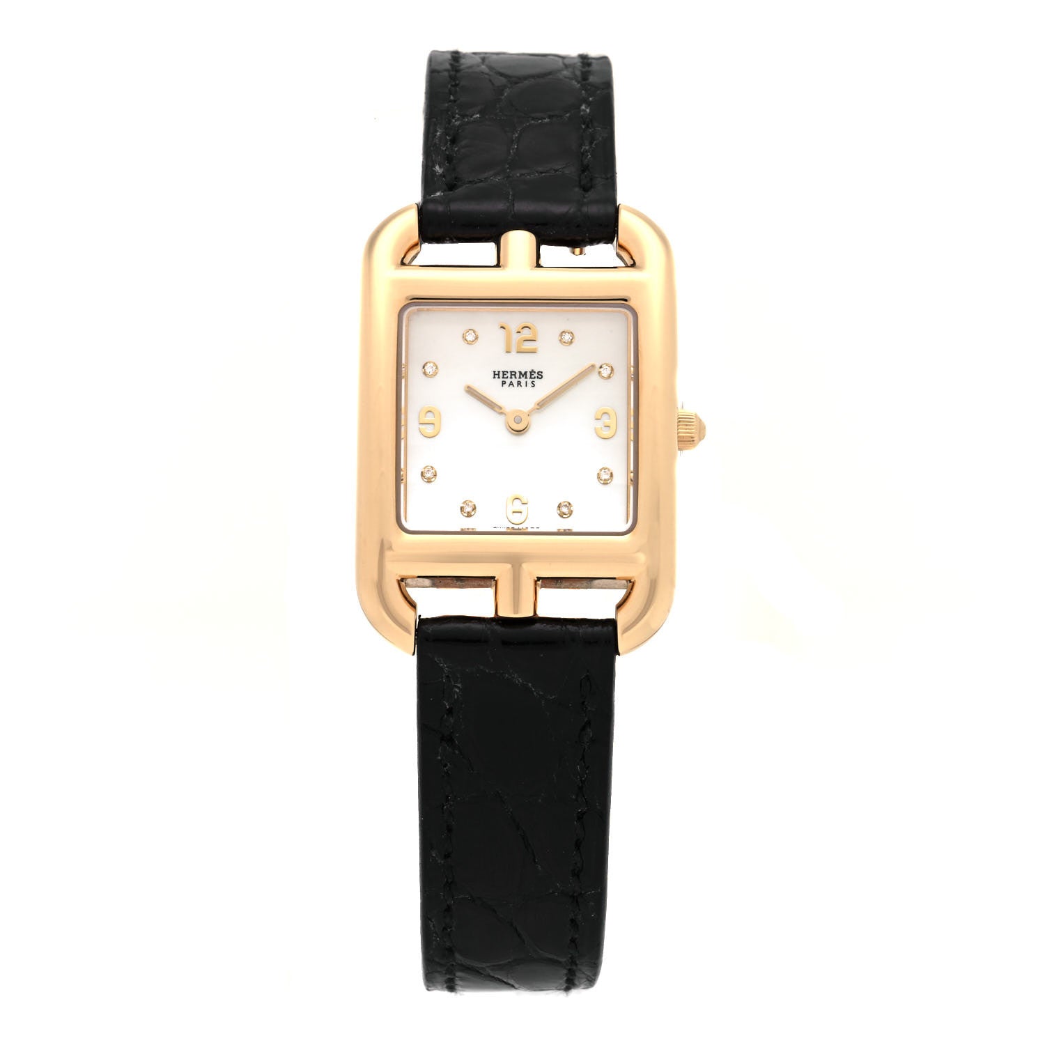 Hermes 18K Yellow Gold Alligator Diamond Mother of Pearl 23mm Cape Cod Quartz Watch Noir 1 of 5