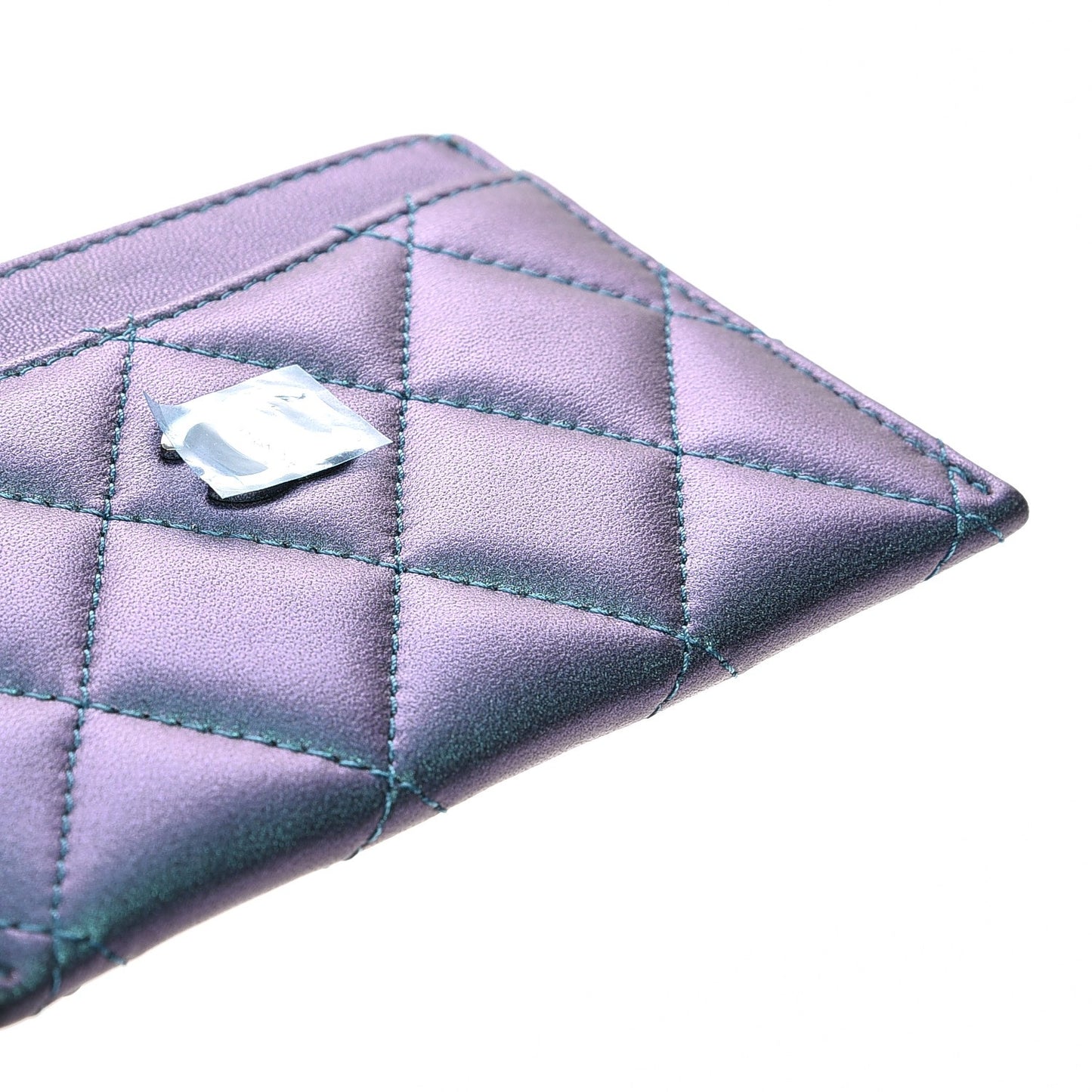 Metallic Lambskin Quilted Card Holder Turquoise
