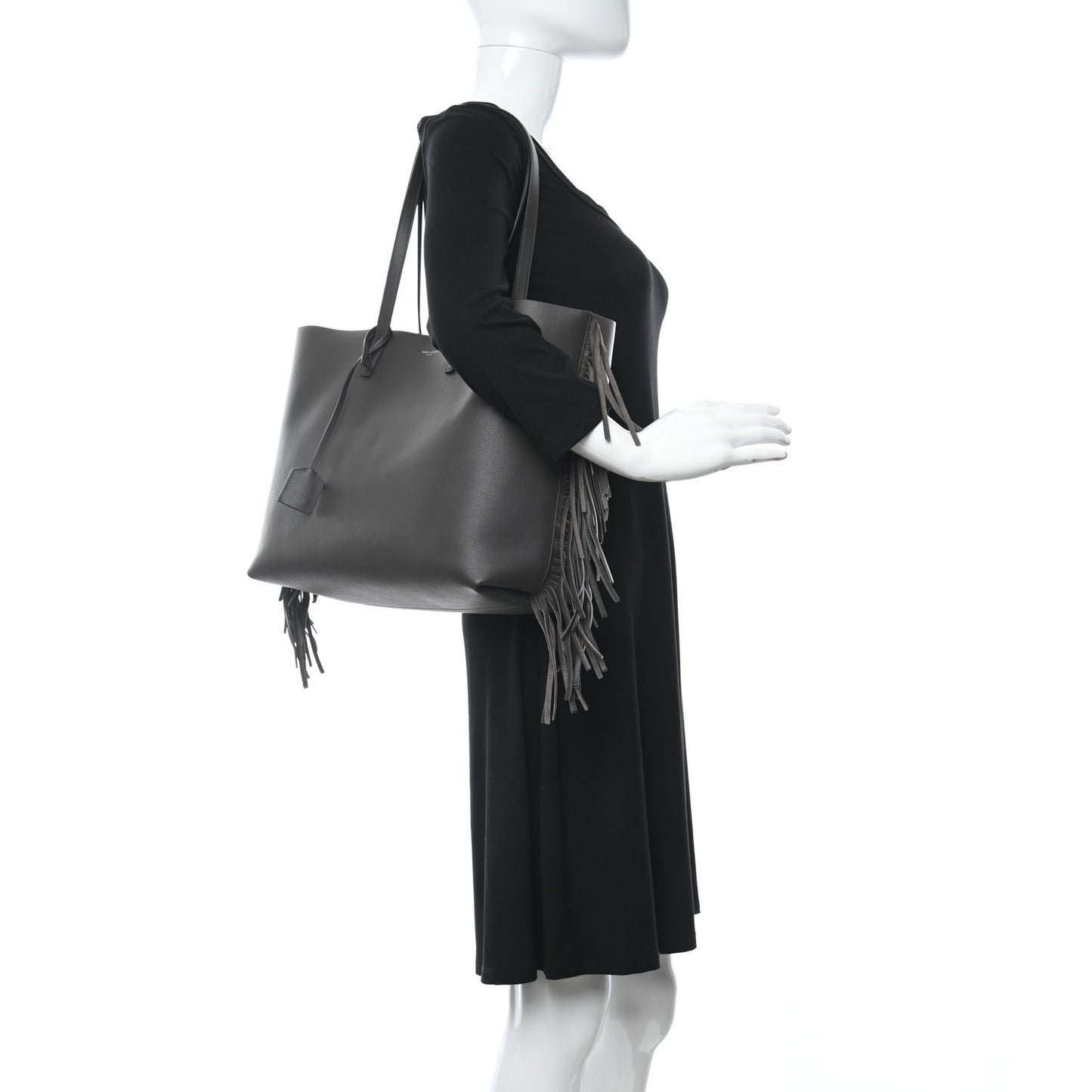 Calfskin Large Fringe Shopping Tote Dark Grey
