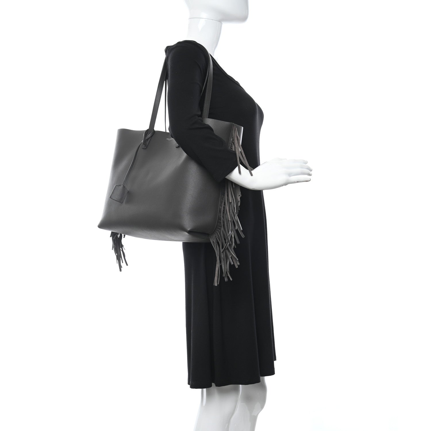 Saint Laurent Calfskin Large Fringe Shopping Tote Dark Grey 2 of 14