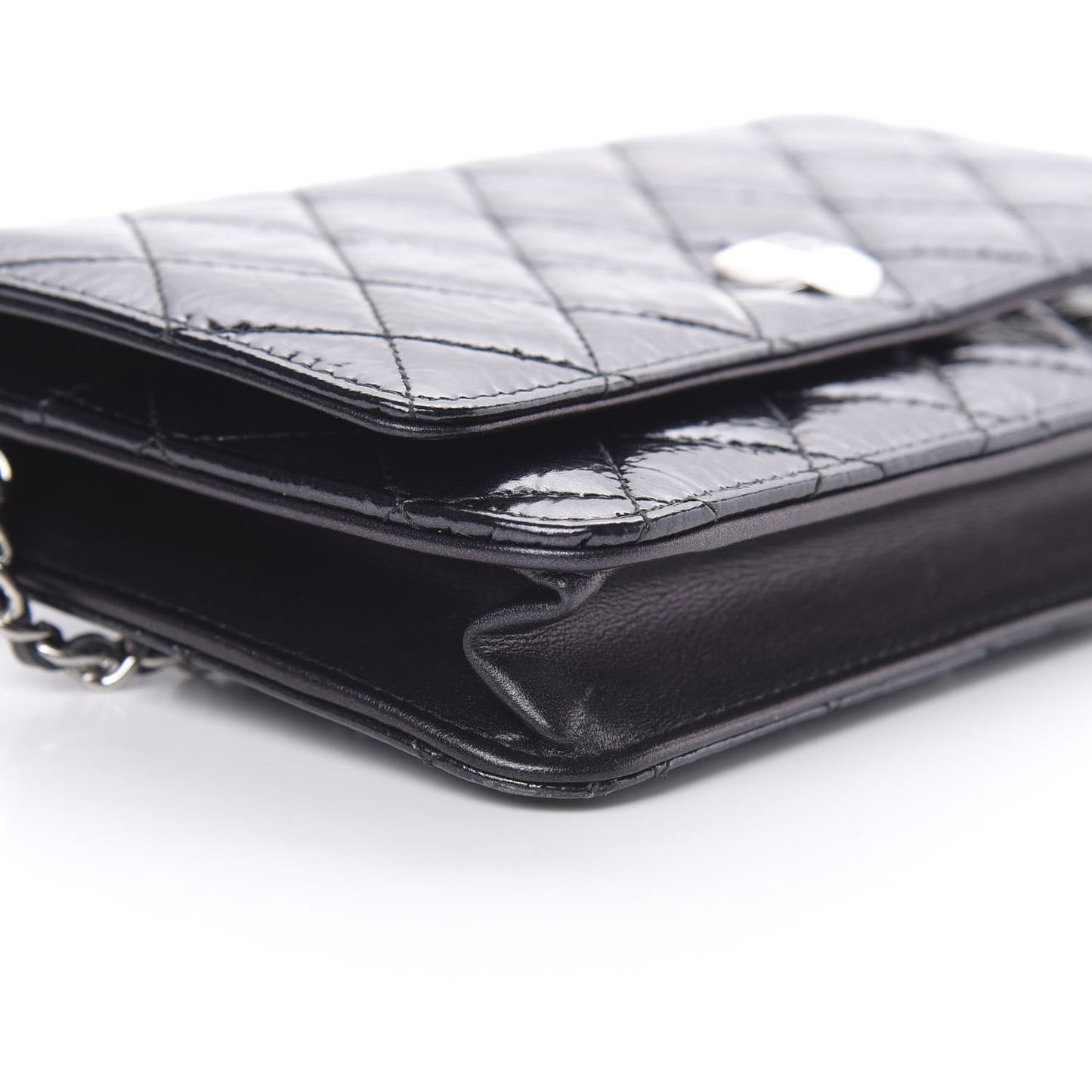 Patent Metallic Crumpled Calfskin Quilted Wallet On Chain WOC Navy