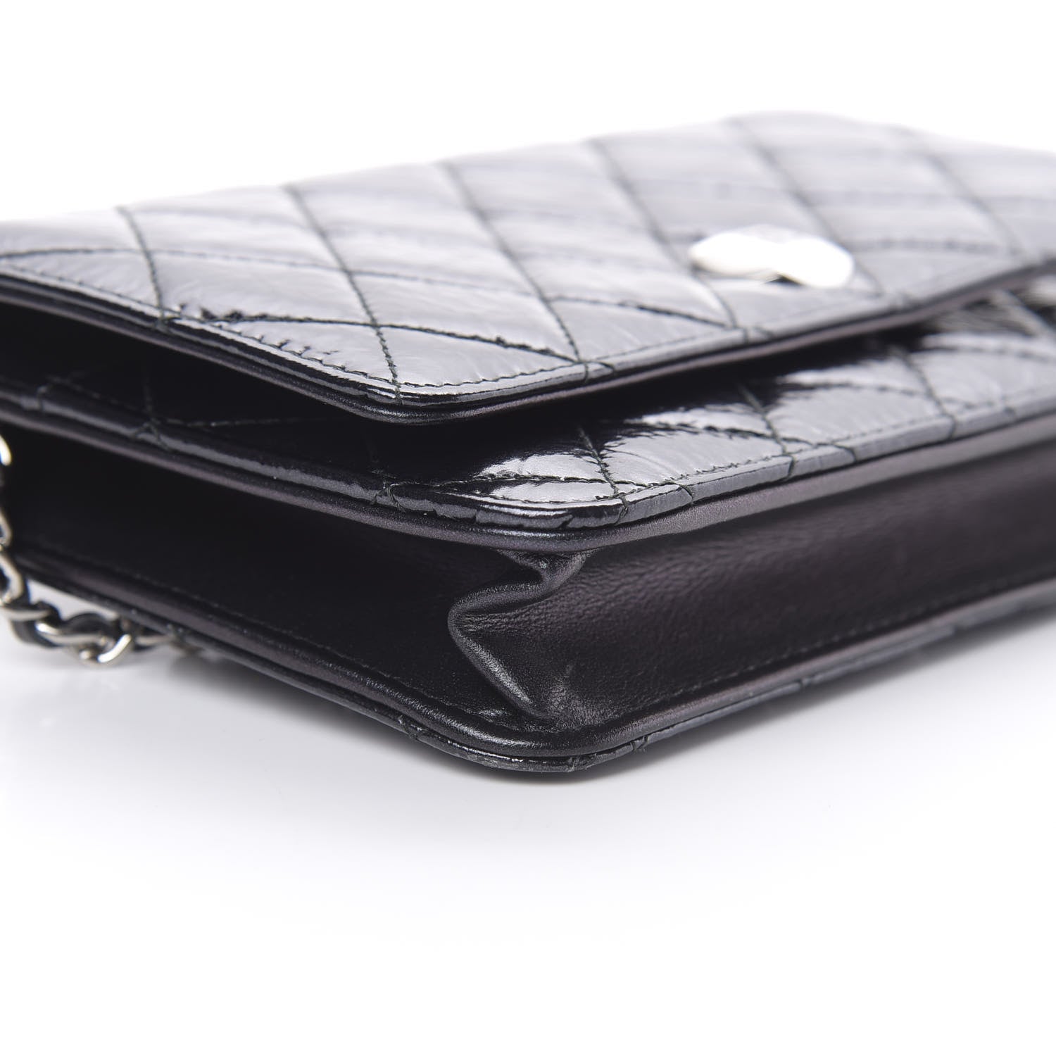 Chanel Patent Metallic Crumpled Calfskin Quilted Wallet On Chain WOC Navy 10 of 12