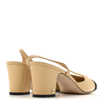 Chanel Goatskin Grosgrain Cap Toe CC Slingback Pumps 38.5 Beige Black 5 of 13