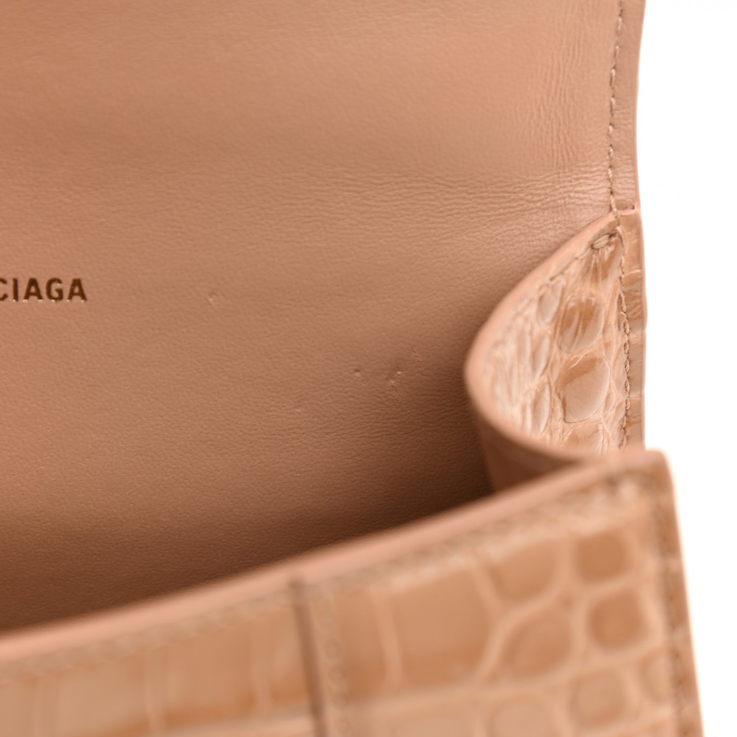 Shiny Calfskin Crocodile Embossed Hourglass Top Handle Bag XS Nude Beige