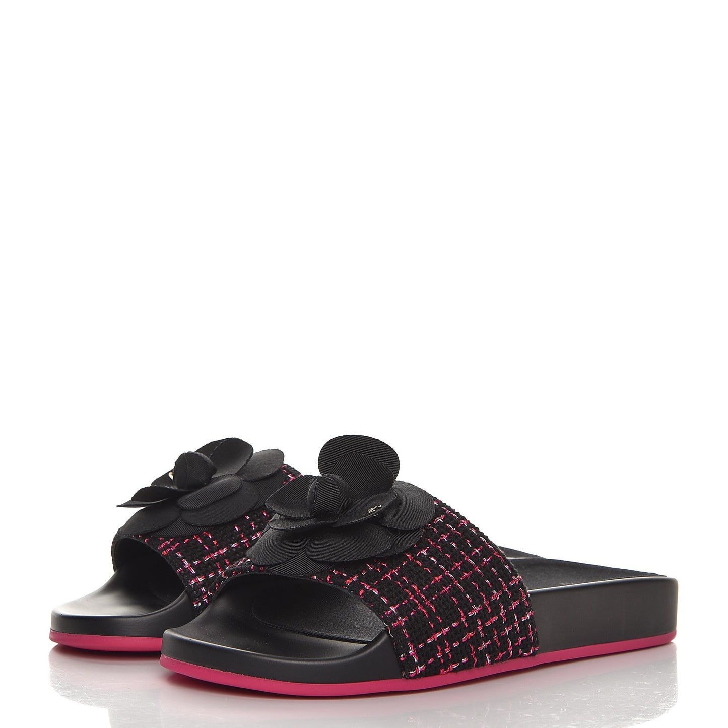 Tweed Grosgrain Camellia Flat Sandals 35 Black Pink