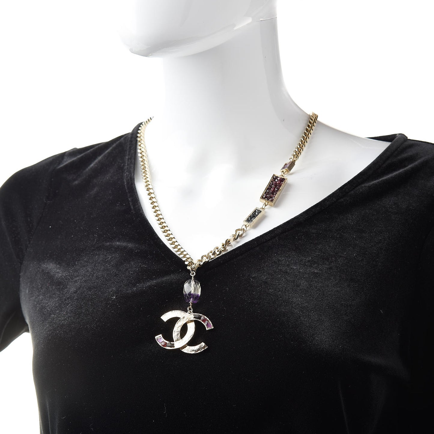 Stone CC Chain Pendant Necklace Gold