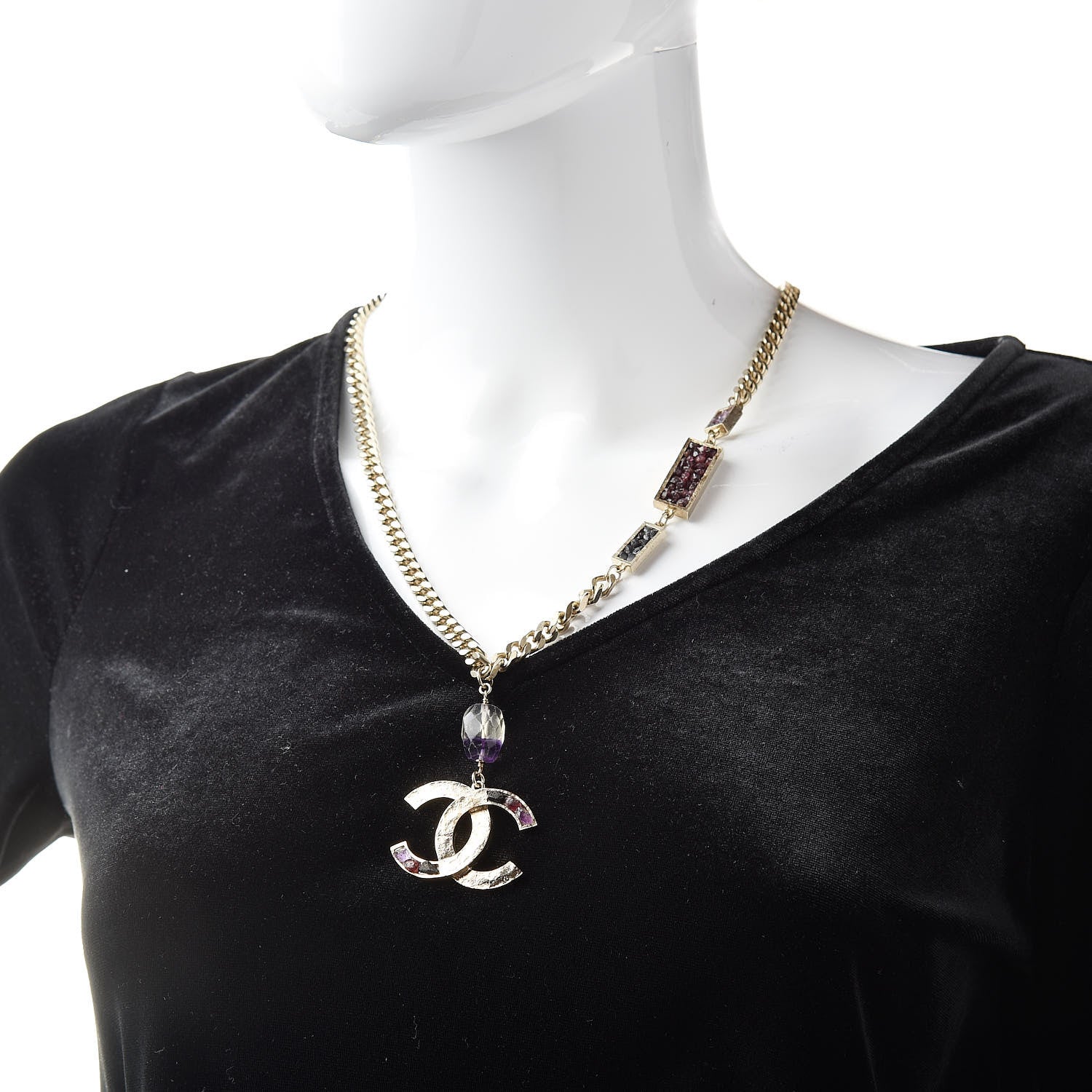 Chanel Stone CC Chain Pendant Necklace Gold 2 of 5
