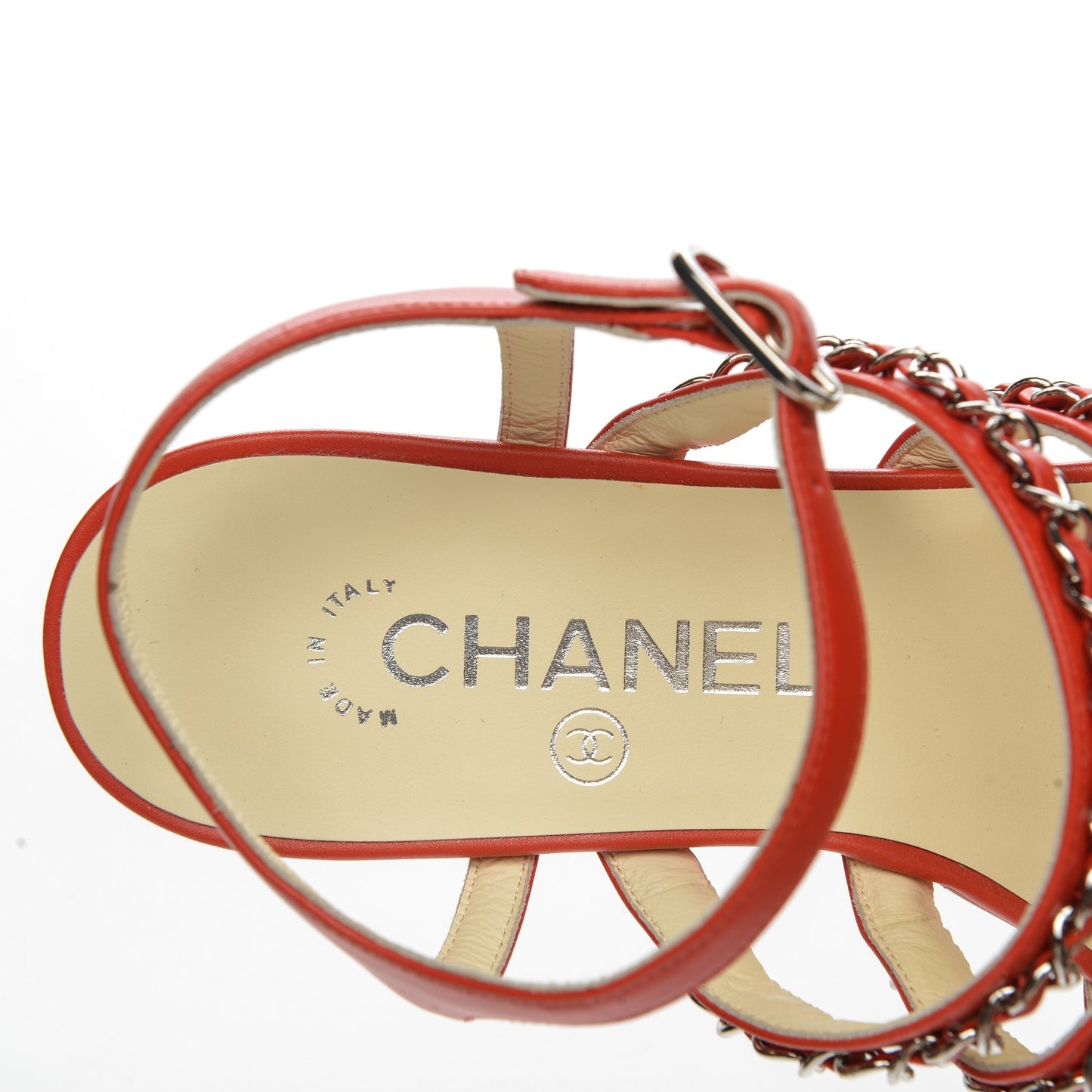 Calfskin Chain Flat Sandals 35 Red