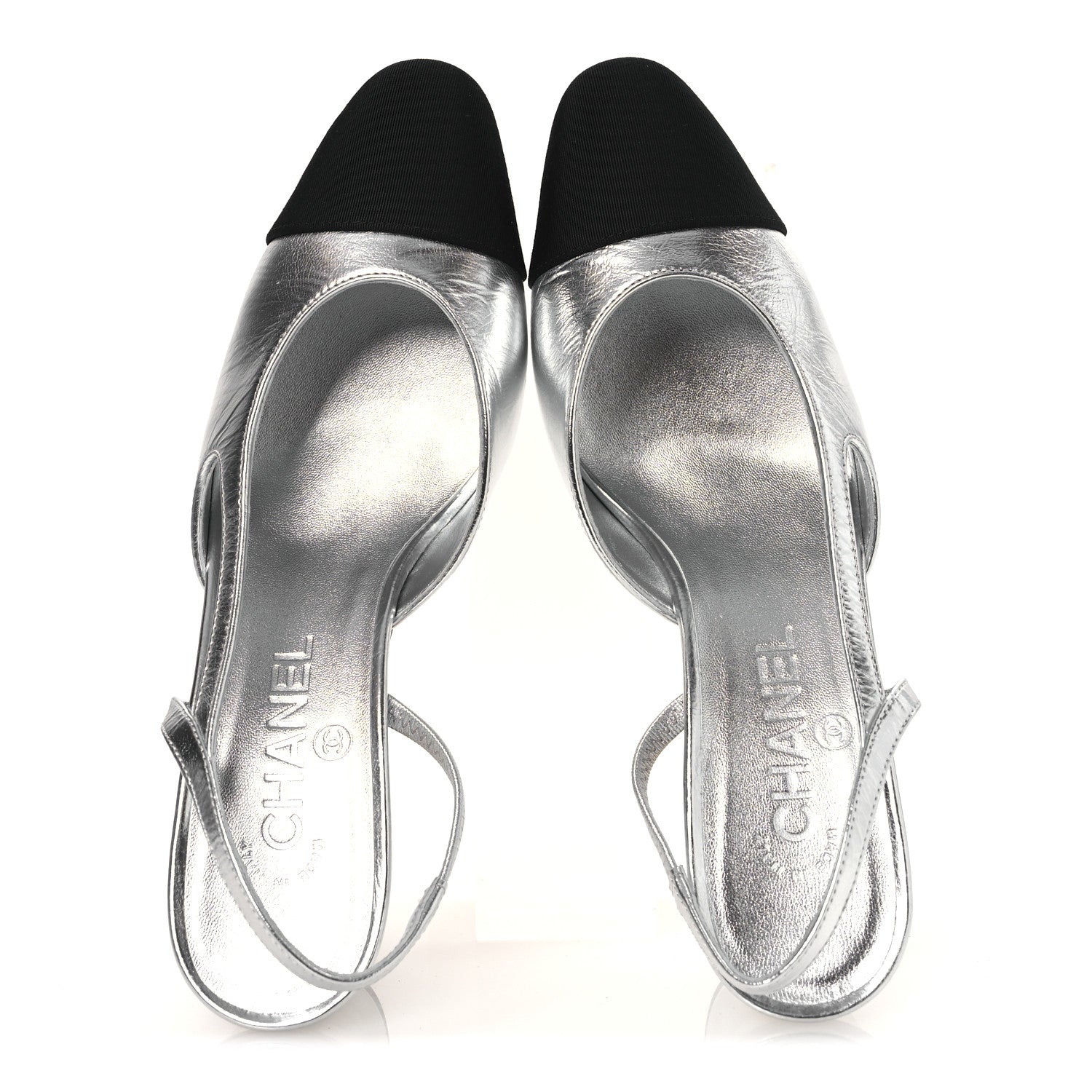 Chanel Laminated Crumpled Lambskin Grosgrain Cap Toe CC Slingback Pumps 37.5 Silver Black 2 of 12