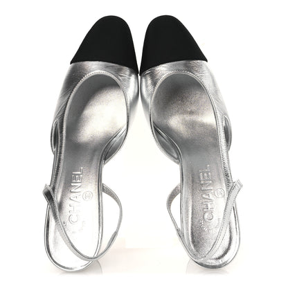 Chanel Laminated Crumpled Lambskin Grosgrain Cap Toe CC Slingback Pumps 37.5 Silver Black 2 of 12