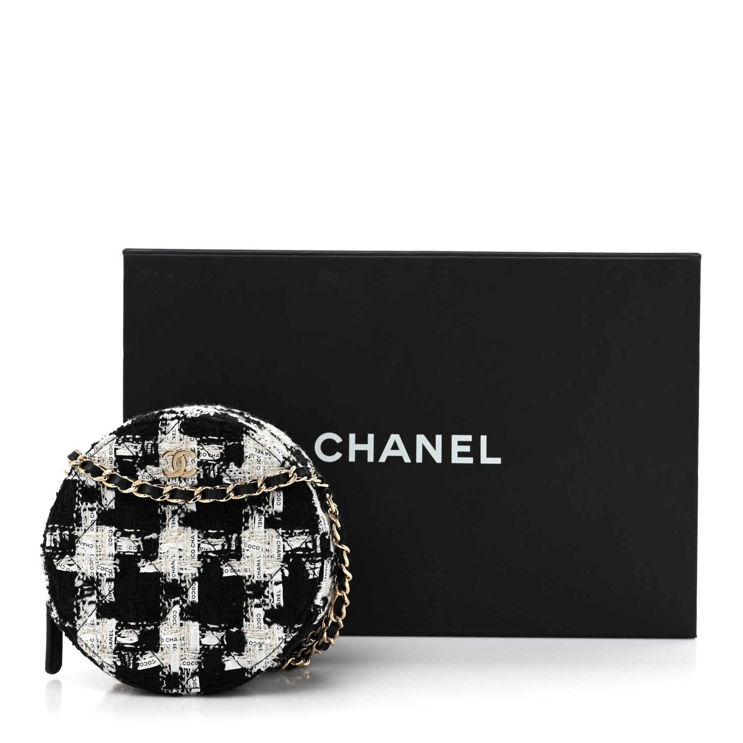 Chanel Tweed Quilted Round Clutch With Chain Black Ecru White 11 of 11