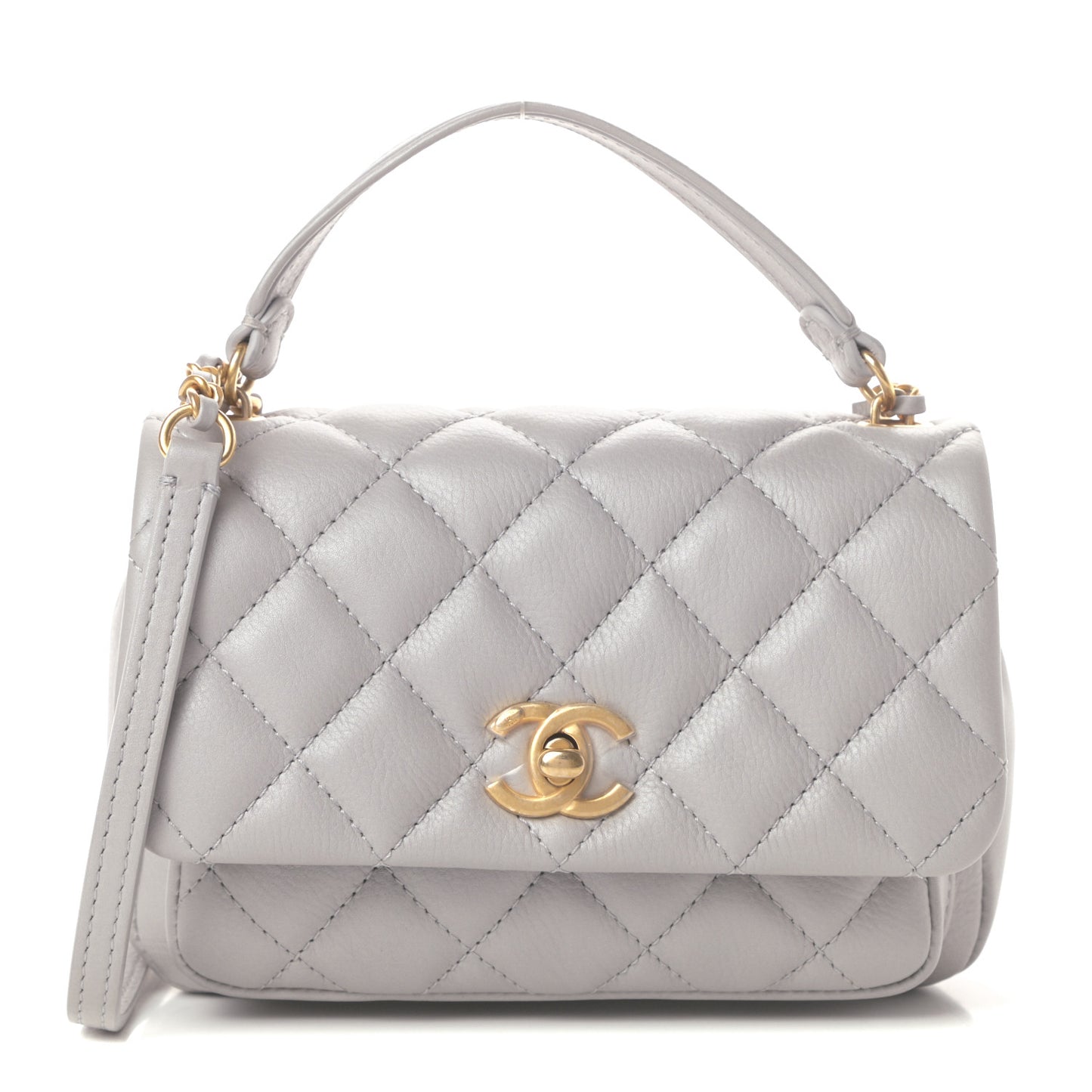 Calfskin Quilted Top Handle Flap Light Grey