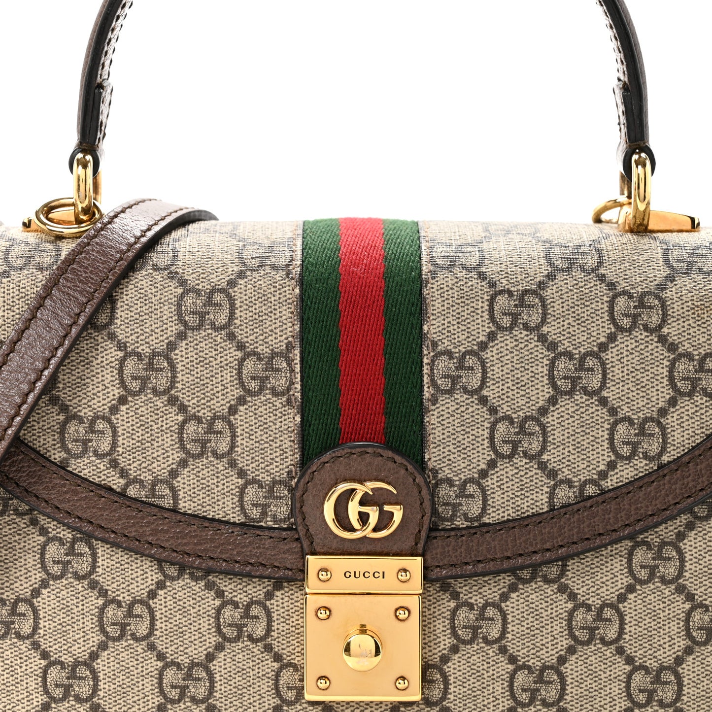 GG Supreme Monogram Textured Dollar Calfskin Web Small Ophidia Padlock Top Handle Bag Beige Ebony New Acero