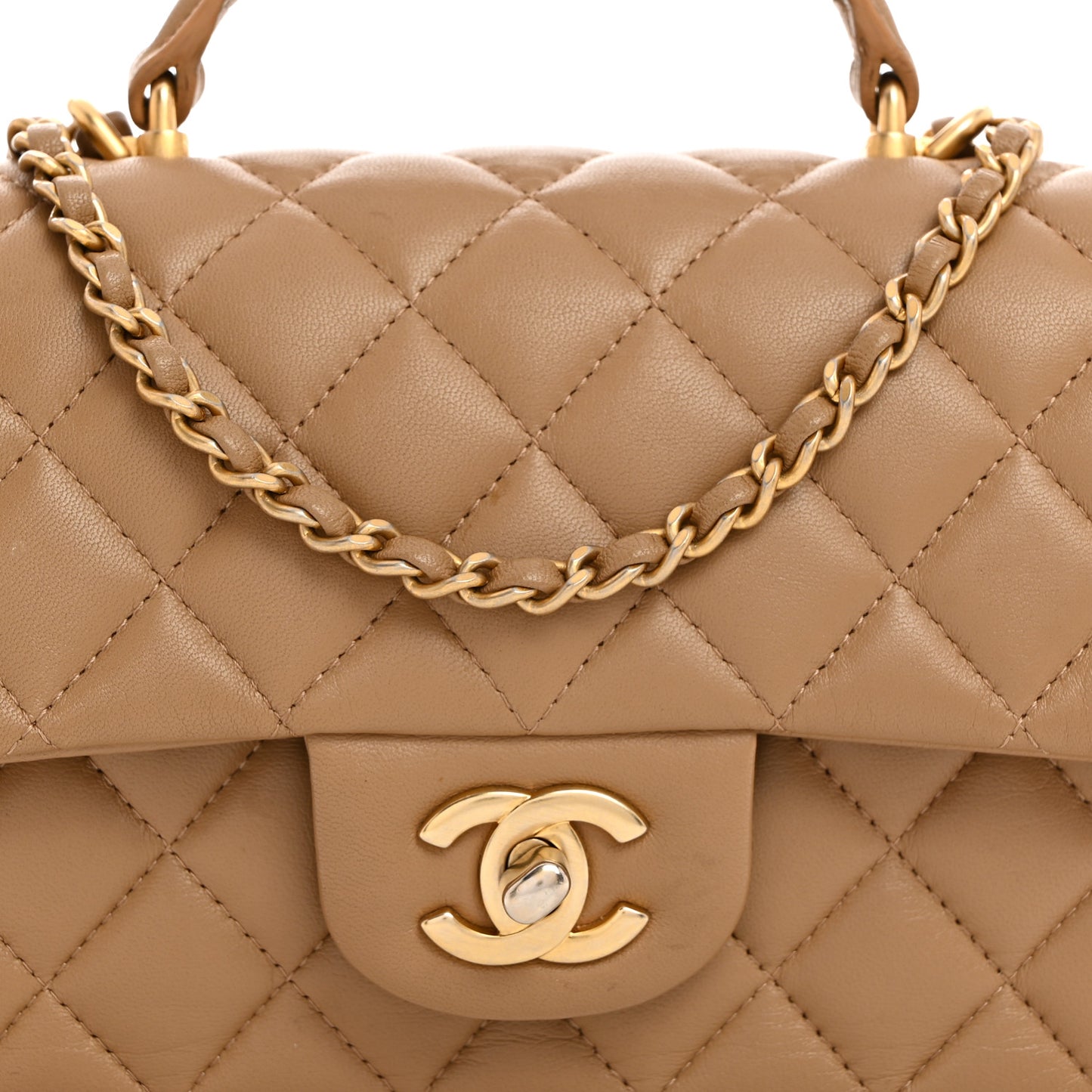Lambskin Quilted Mini Metal Top Handle Rectangular Flap Beige