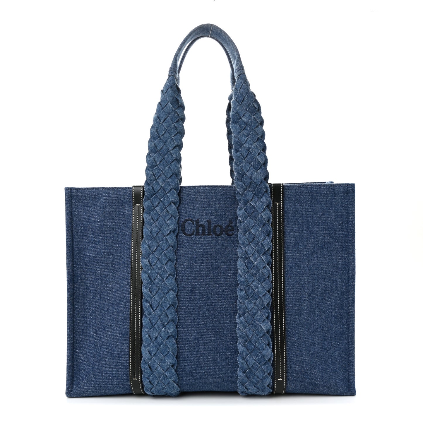 Denim Calfskin Large Braided Woody Ribbon Tote Blue Blue