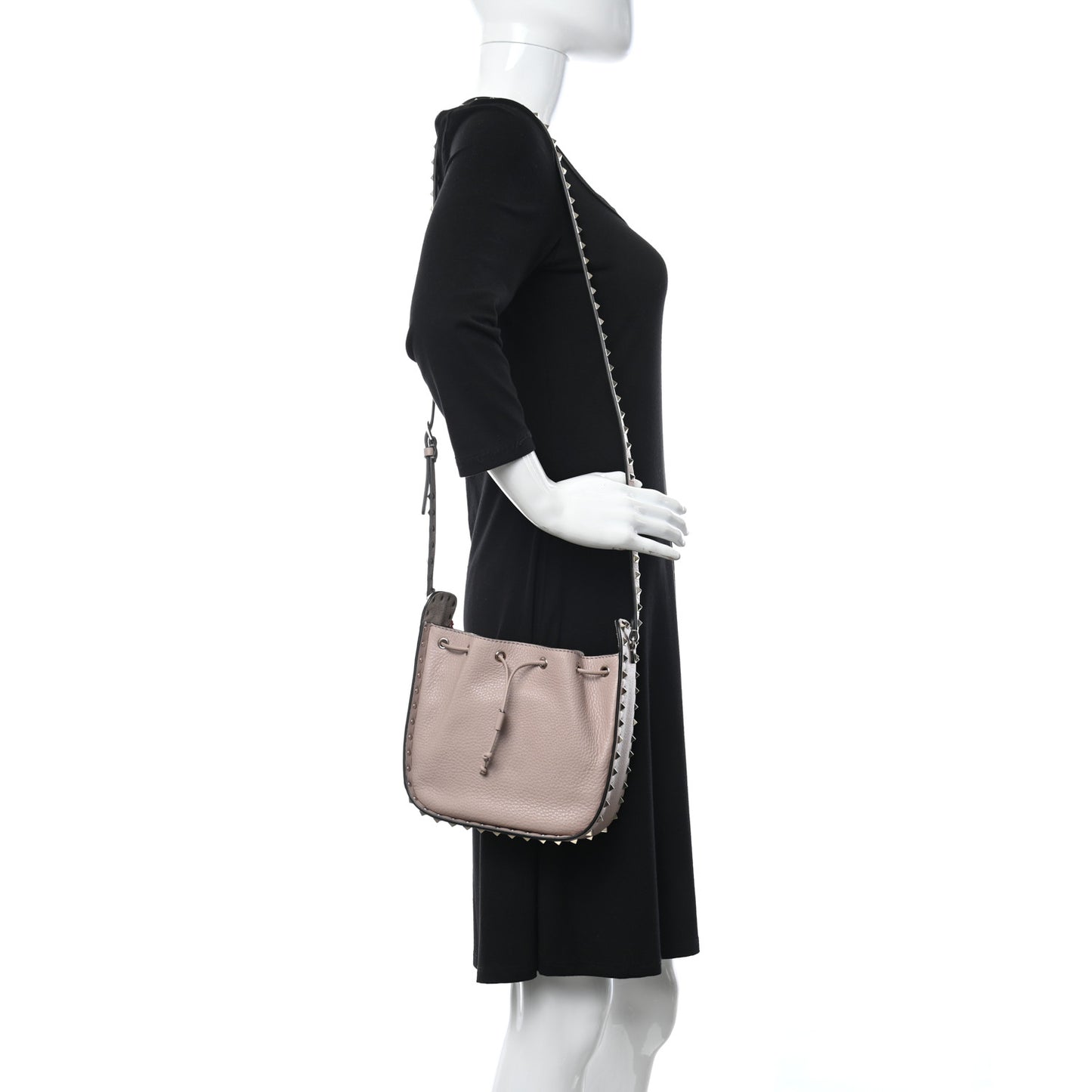 Grained Calfskin Rockstud Bucket Bag Poudre