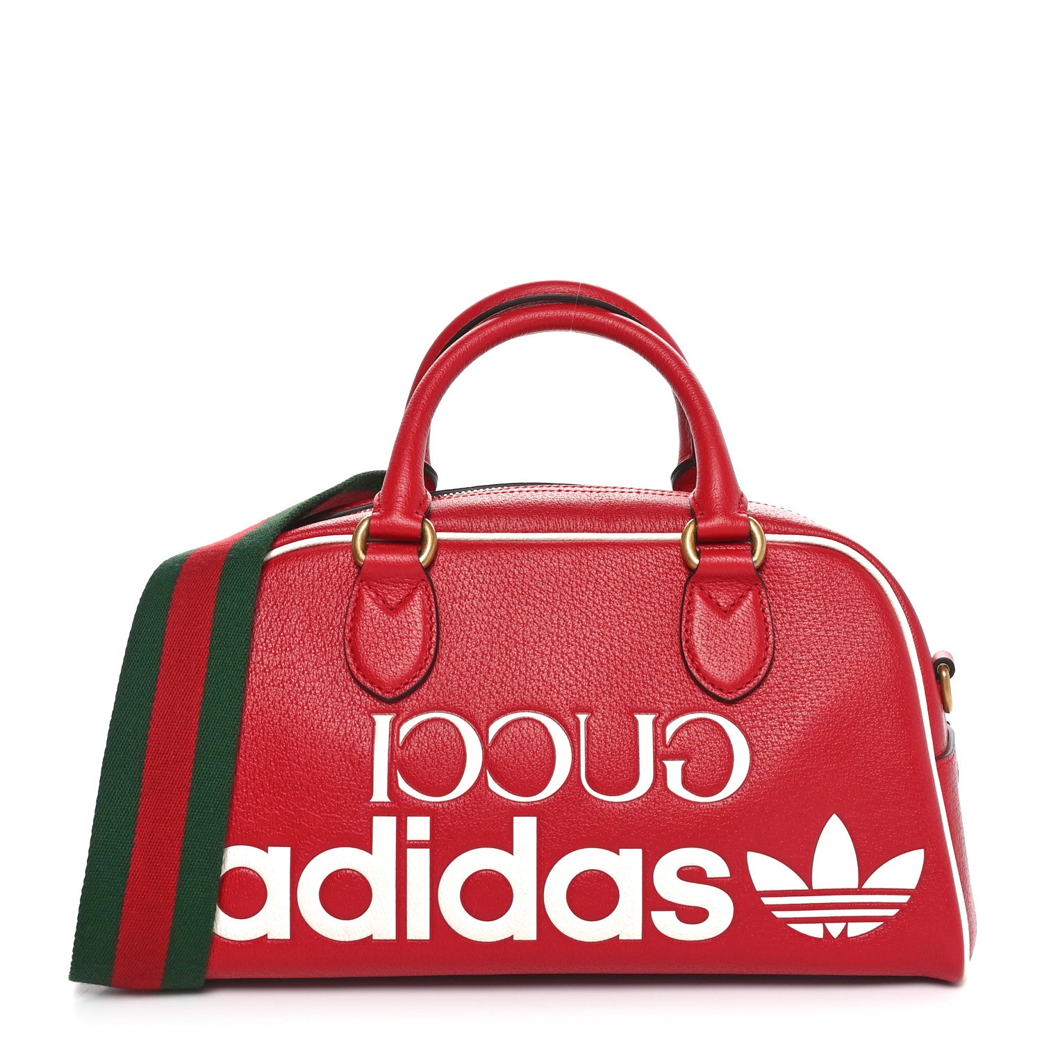 Gucci X ADIDAS Textured Dollar Calfskin Web Trefoil Logo Embossed Mini Bowling Bag Red Off White 1 of 10
