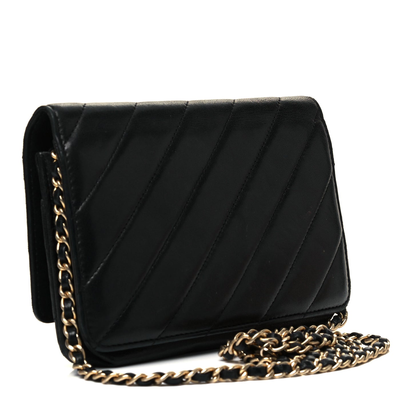 Goatskin Diagonal Quilted Wallet On Chain WOC Black