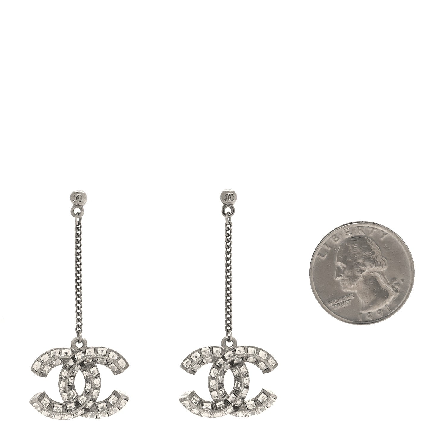 Chanel Baguette Crystal CC Drop Earrings Silver 2 of 5