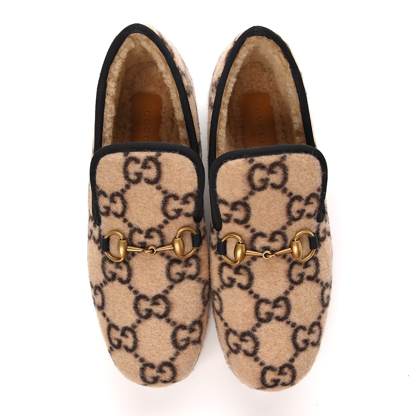 Covered Wool GG Monogram Womens Fria Horsebit Loafers 39.5 Beige Ebony Black Butterscotch
