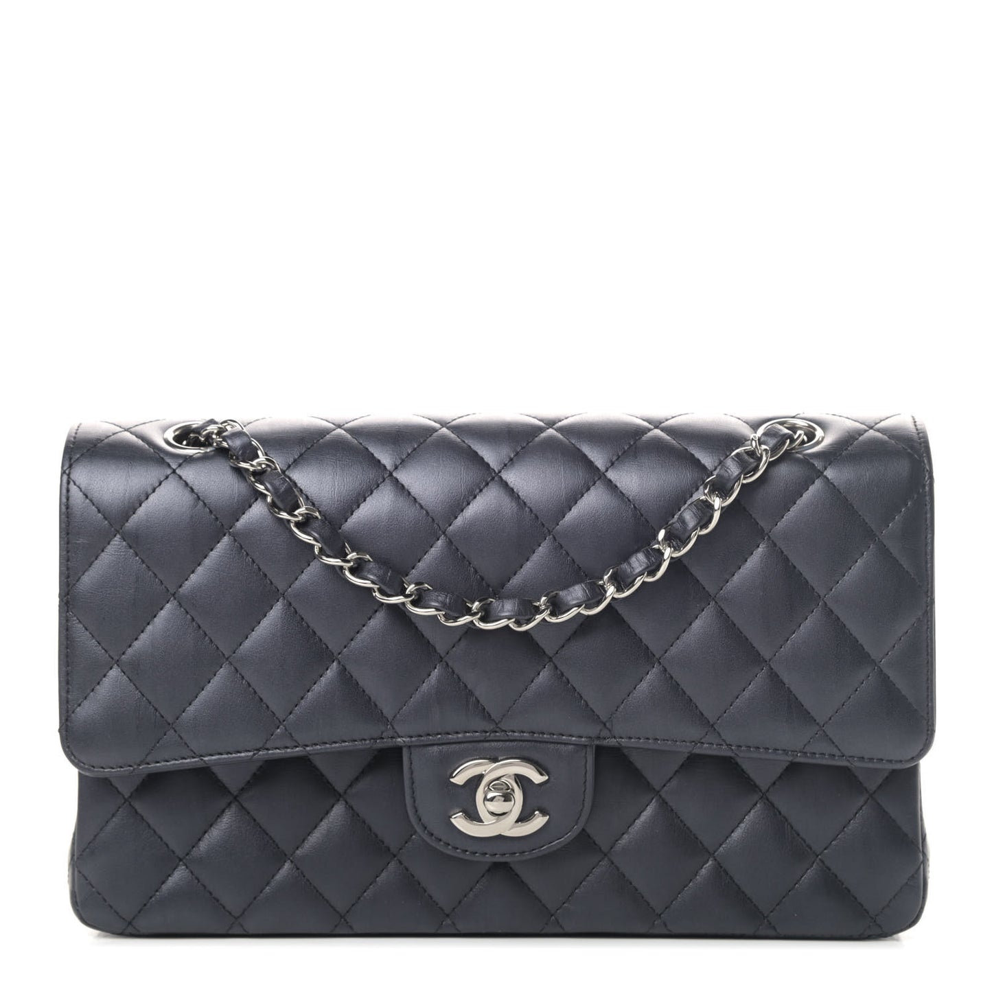 Iridescent Calfskin Quilted Medium Double Flap Charcoal