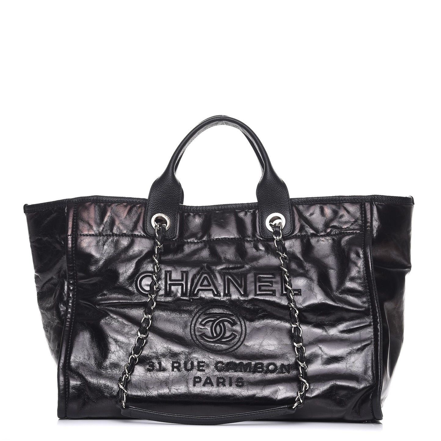 Glazed Calfskin Large Deauville Tote Black