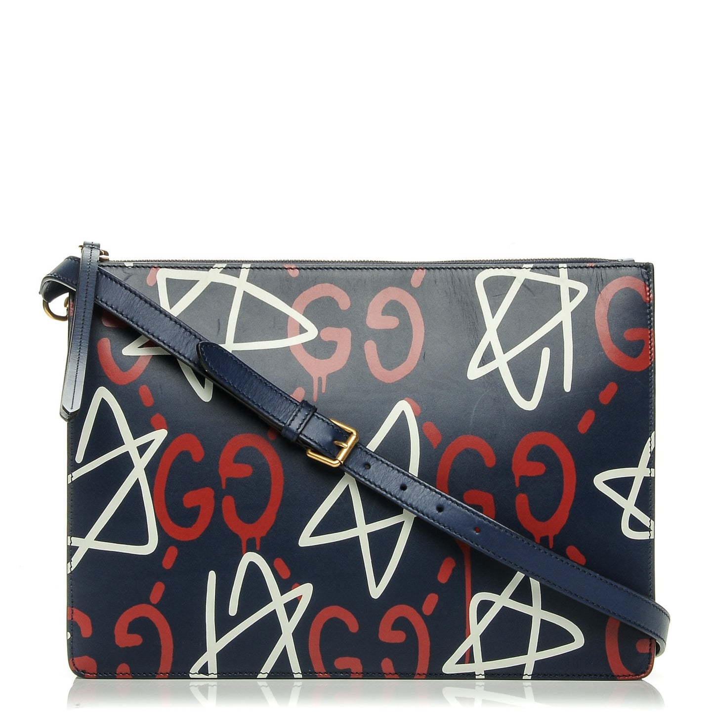 Calfskin GucciGhost Print GG Messenger Bag Blue Agata Hibiscus Red