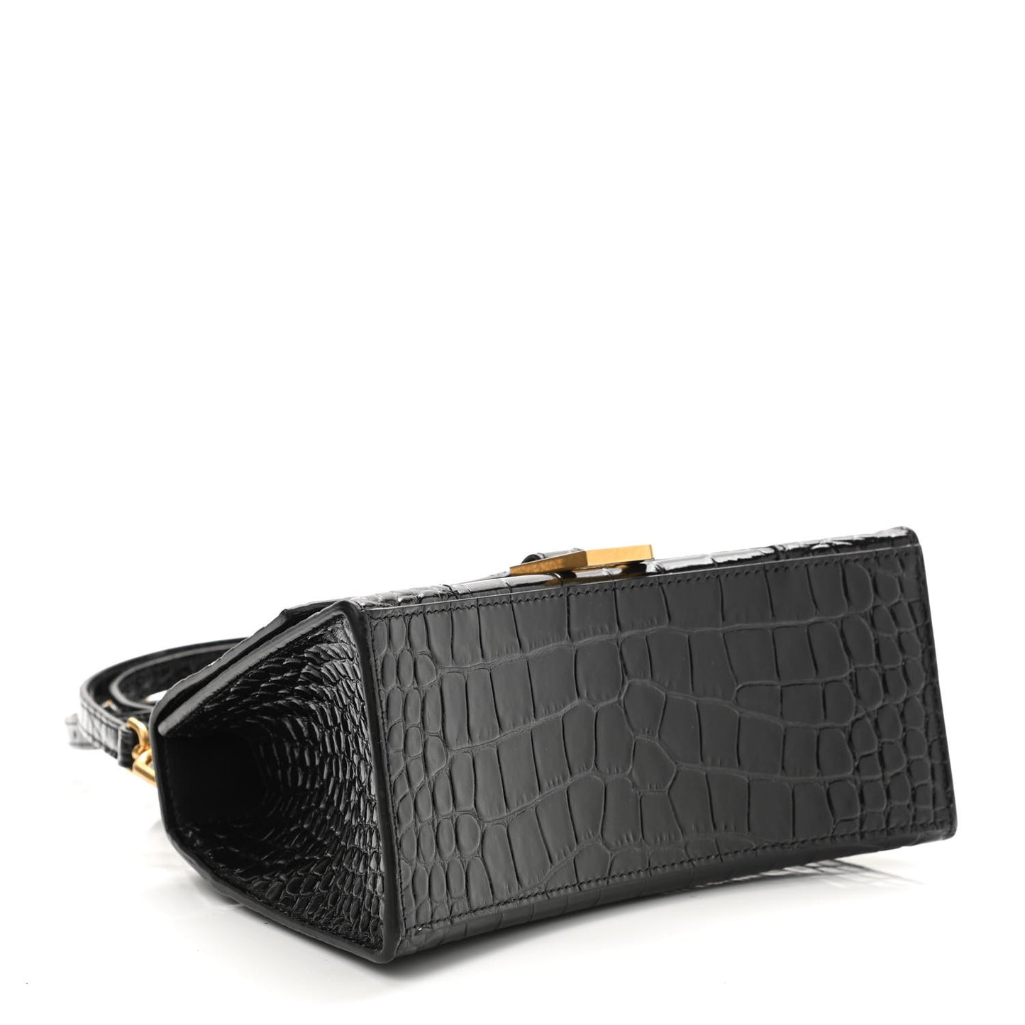 Shiny Calfskin Crocodile Embossed Small Hourglass Top Handle Bag Black