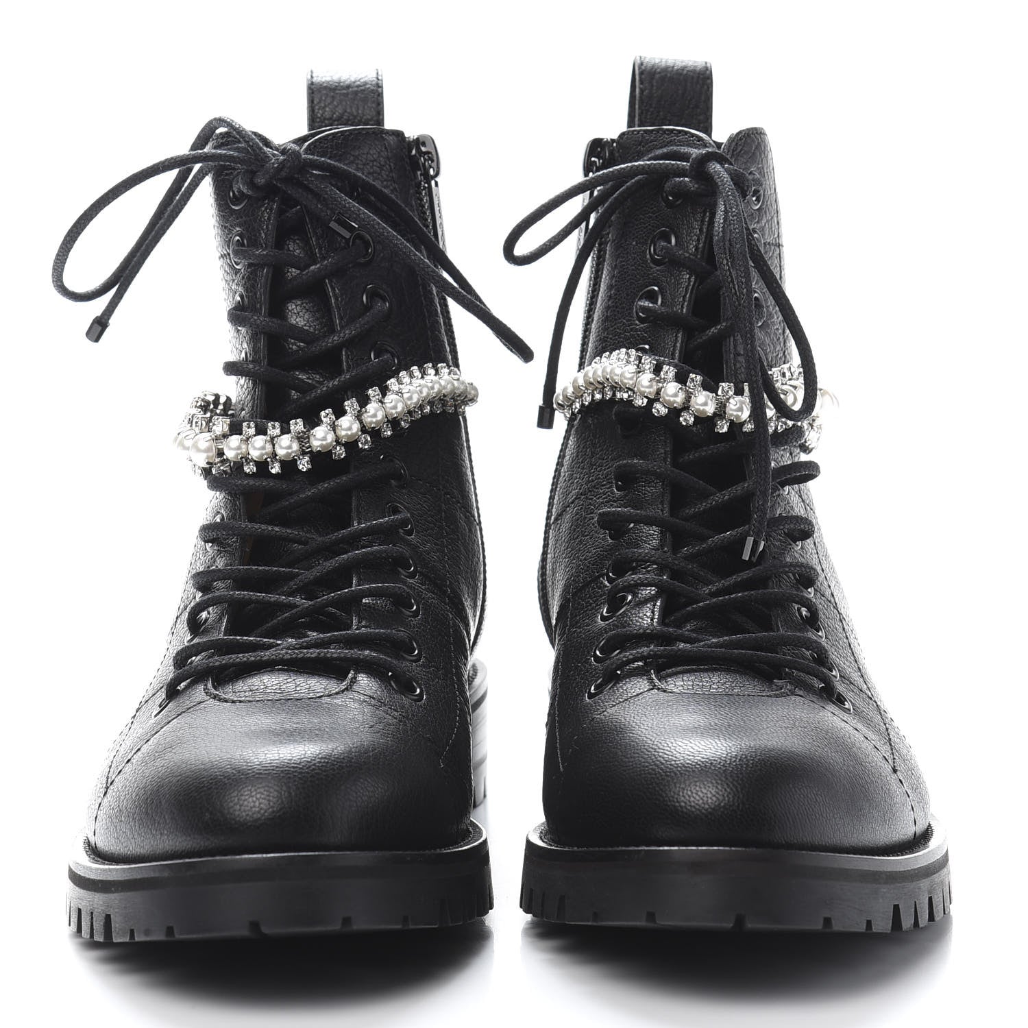 Jimmy Choo Goatskin Pearl Embellished Cruz Combat Boots 37.5 Black 2 of 9
