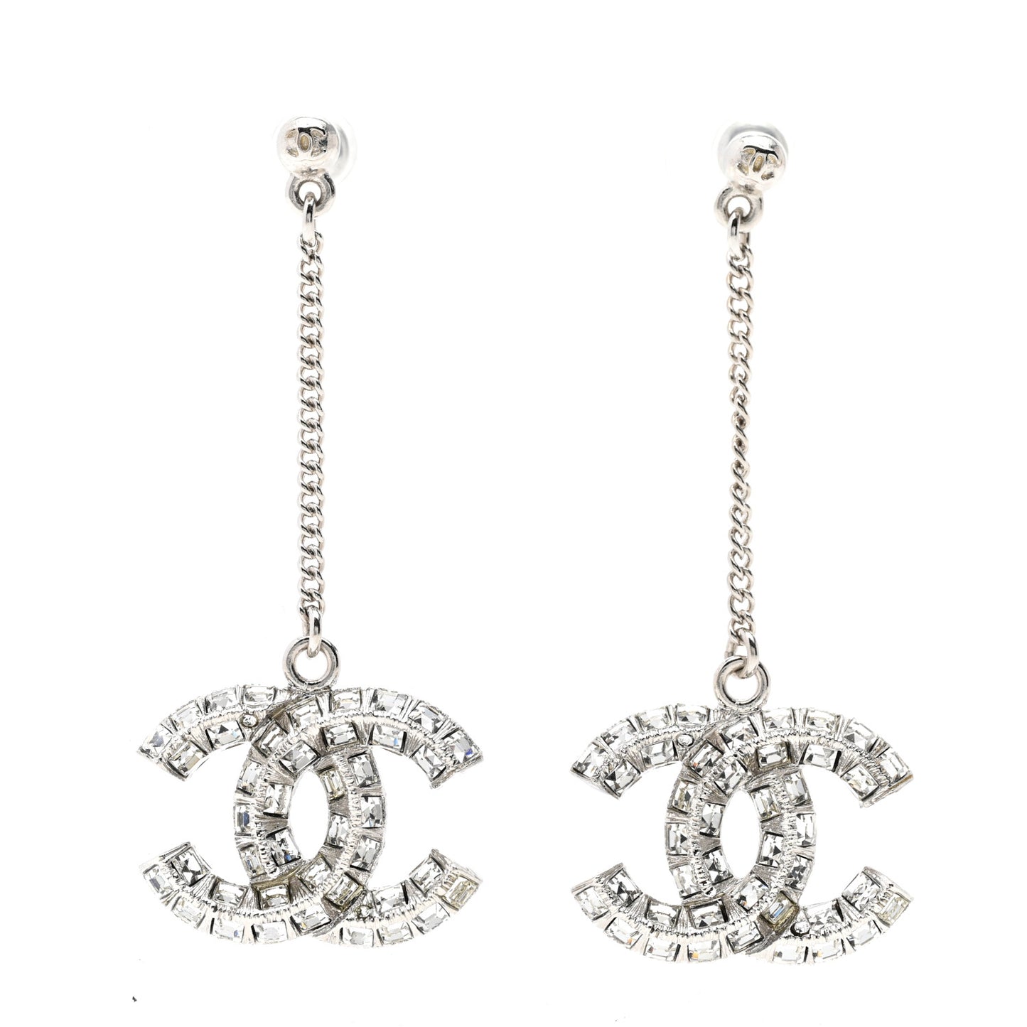 Baguette Crystal CC Drop Earrings Silver