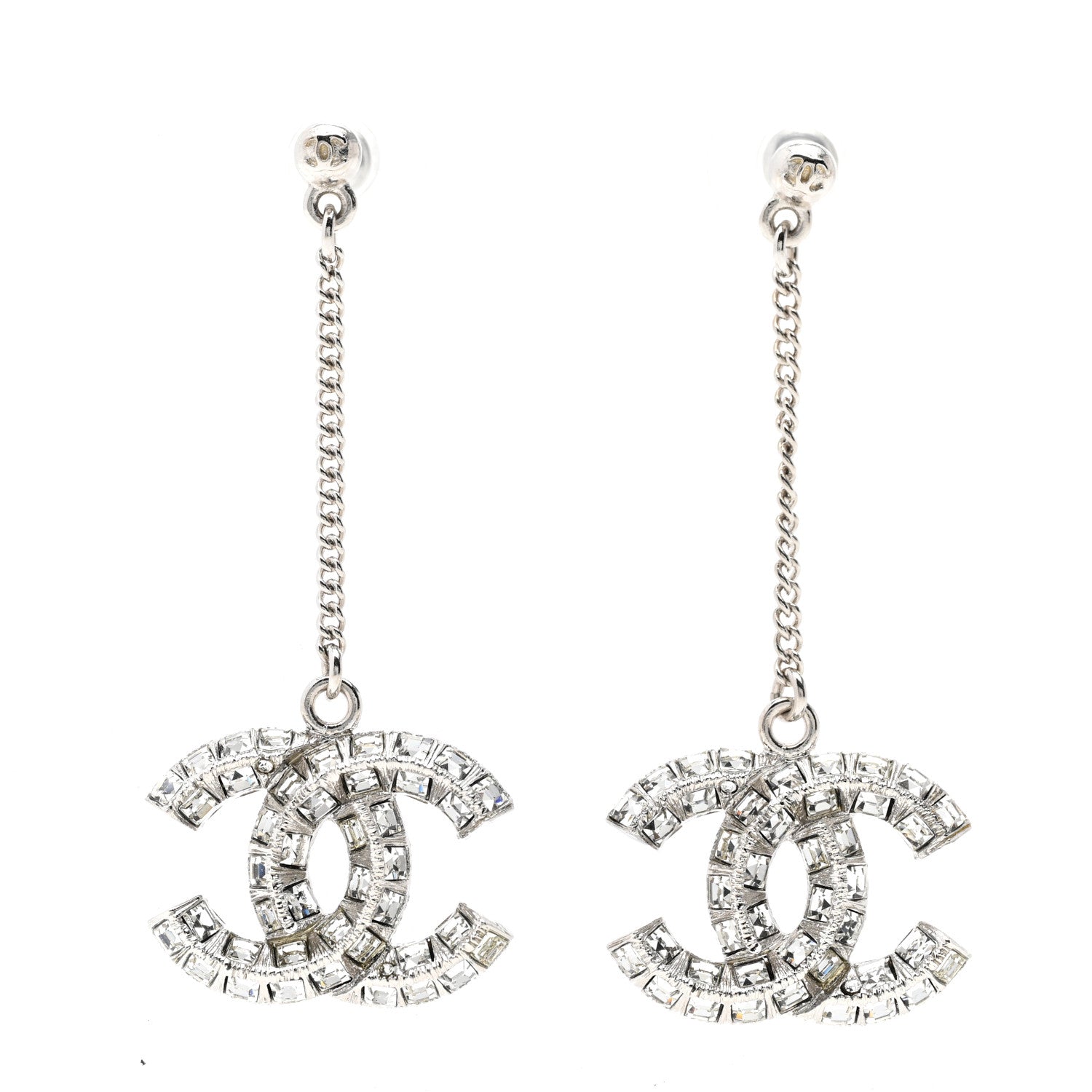 Chanel Baguette Crystal CC Drop Earrings Silver 1 of 4