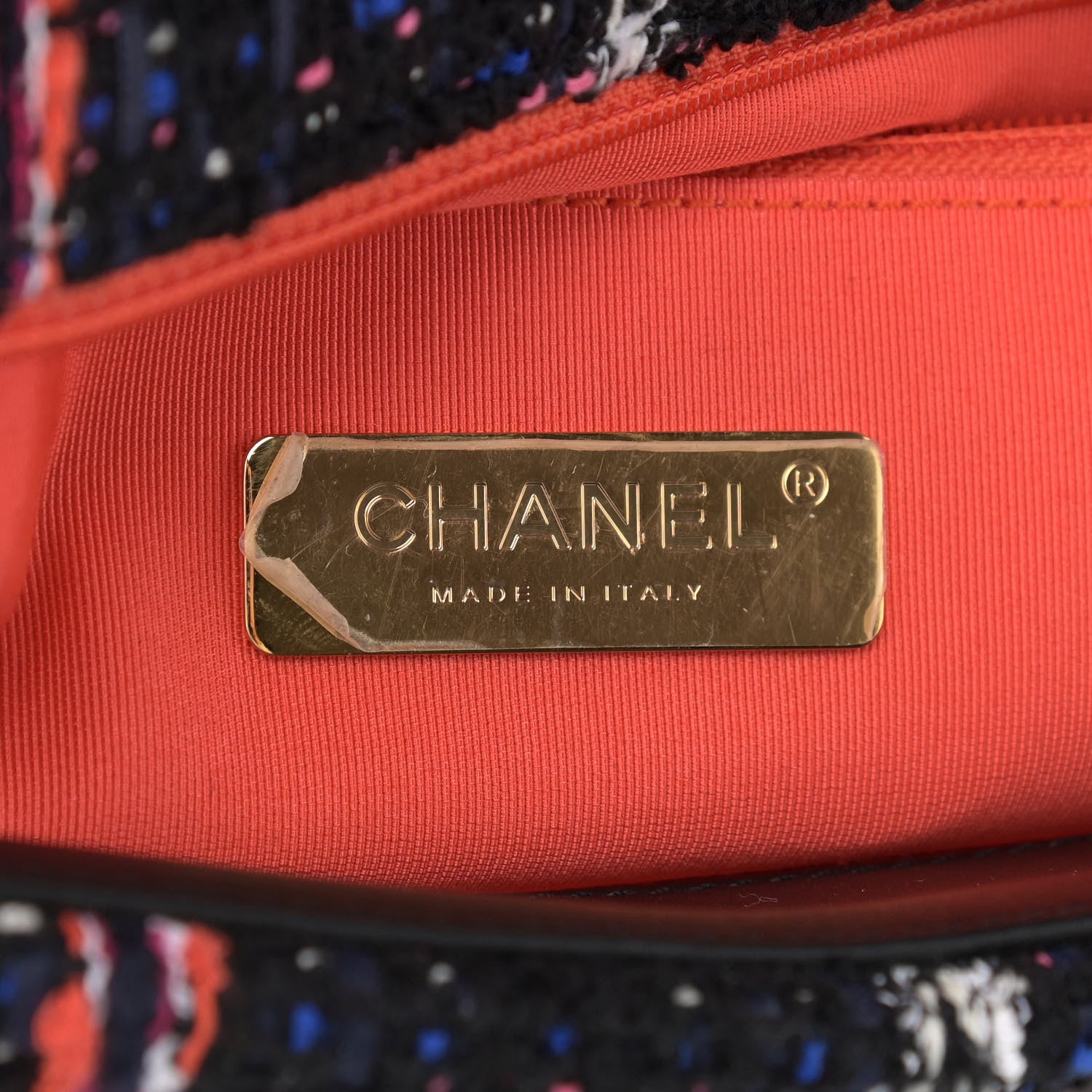 Chanel Tweed Quilted Large Chanel 19 Flap Black Orange Blue 8 of 10